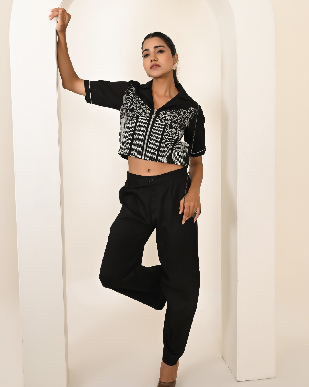 Black Crop Shirt Wide Leg Pants Set