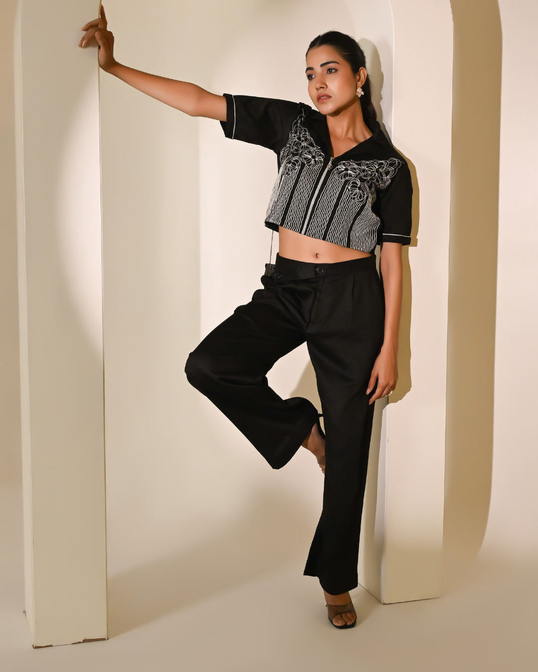 Black Crop Shirt Wide Leg Pants Set