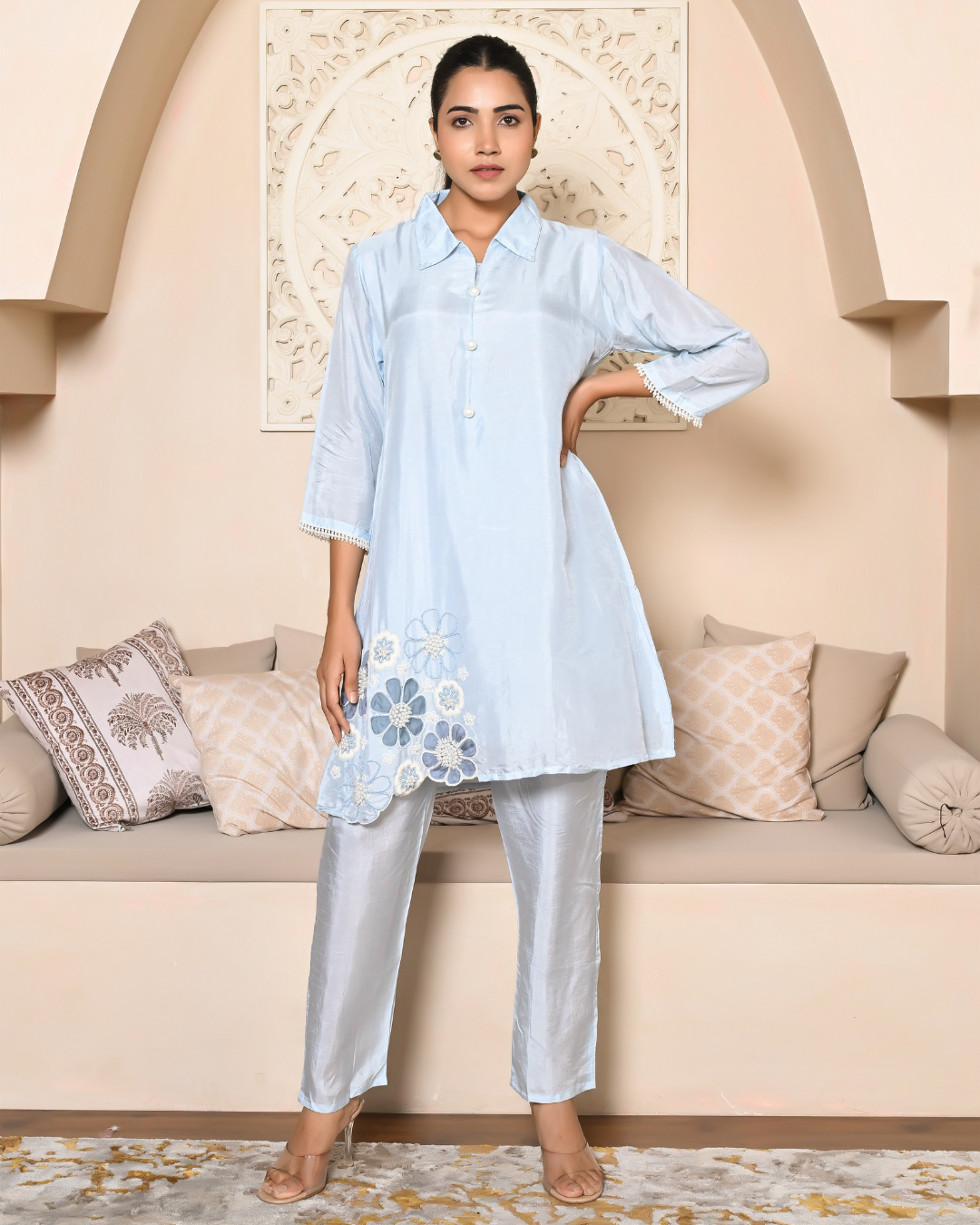 Sky Blue 3D Hand Work Kurta Set