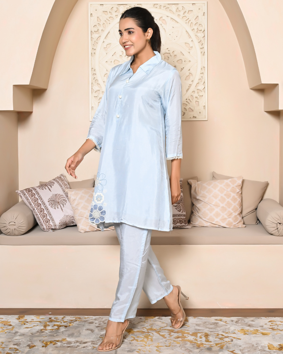 Sky Blue 3D Hand Work Kurta Set