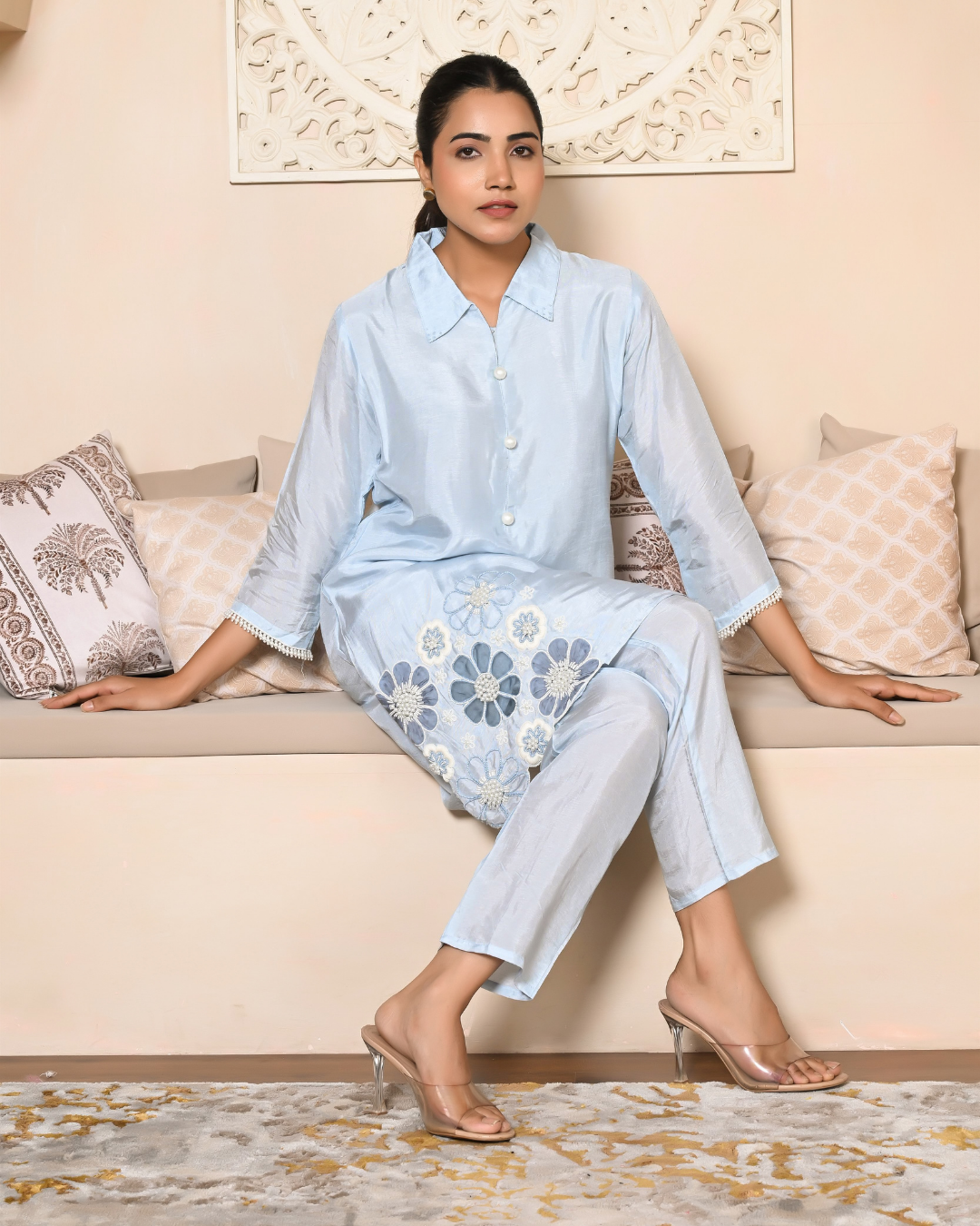 Sky Blue 3D Hand Work Kurta Set