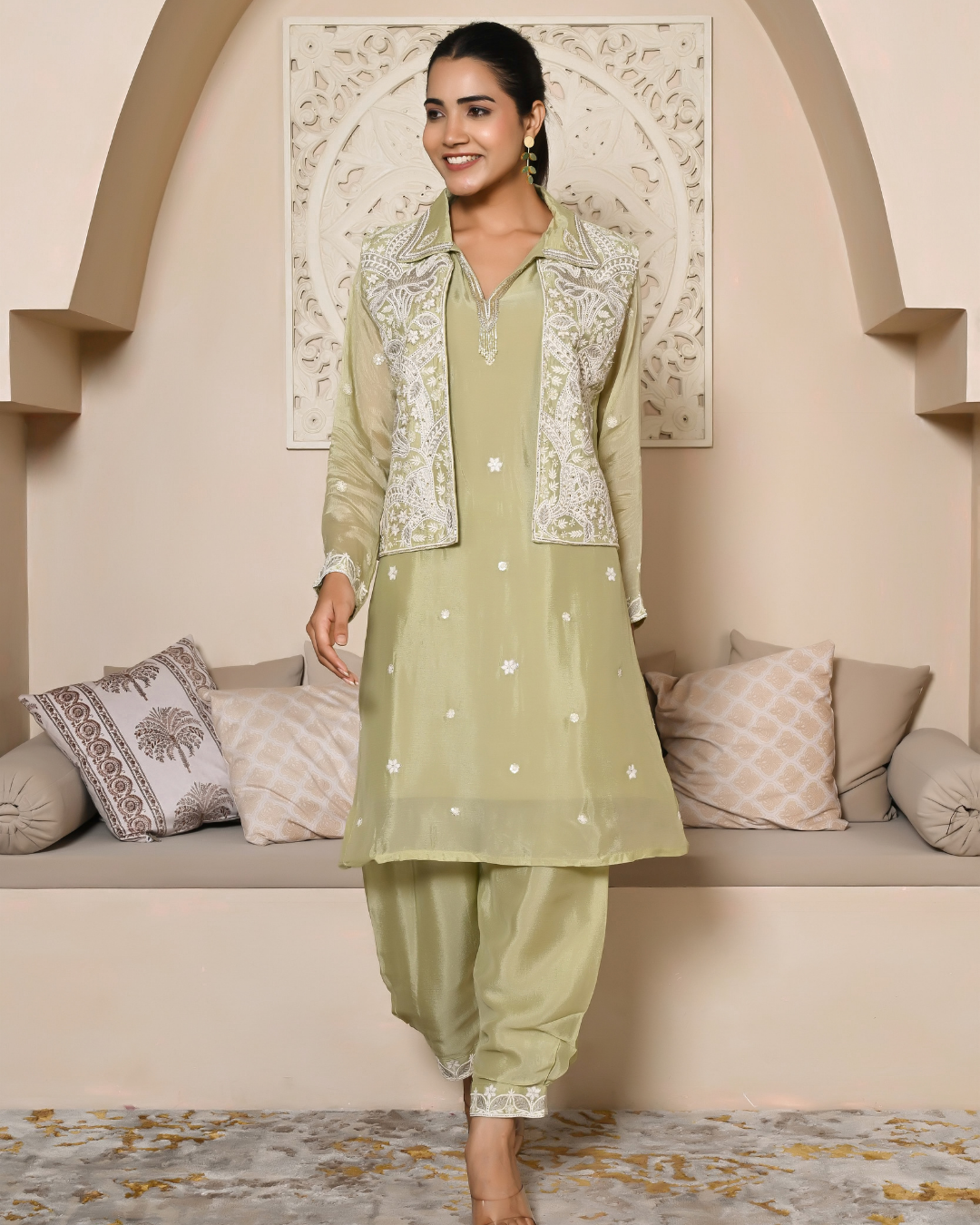 Dazzling Green Short Jacket Kurta Set