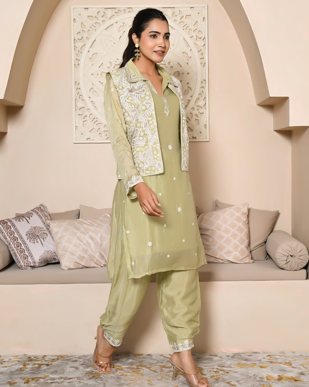 Dazzling Green Short Jacket Kurta Set