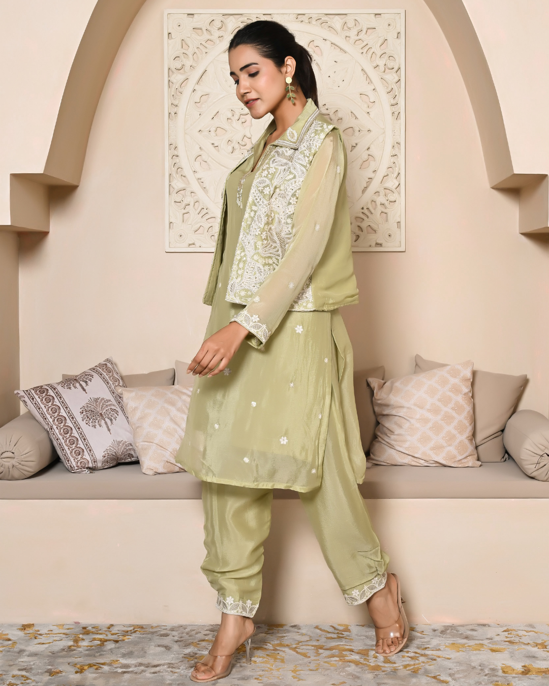 Dazzling Green Short Jacket Kurta Set