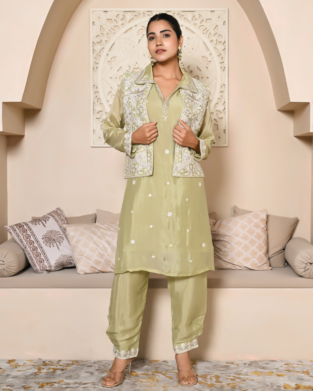 Dazzling Green Short Jacket Kurta Set