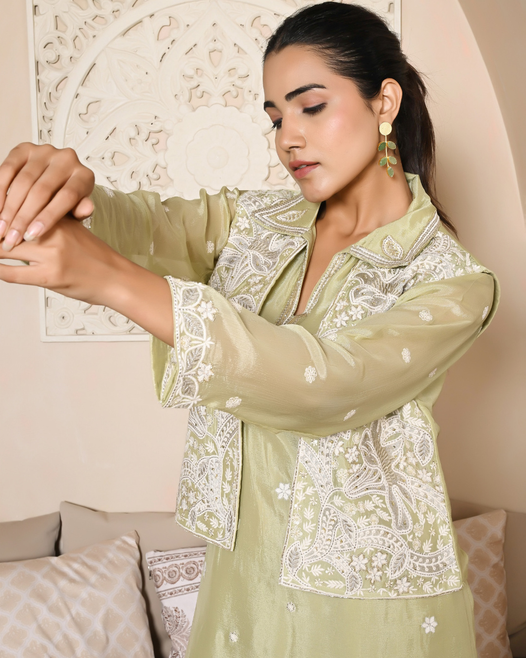 Dazzling Green Short Jacket Kurta Set