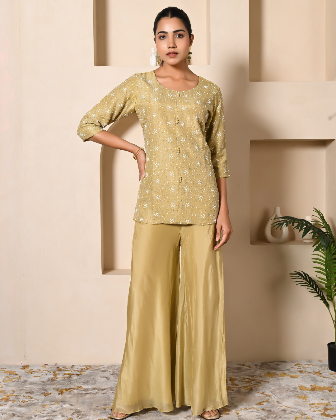 Pista Green Short Kurta Palazzo Set