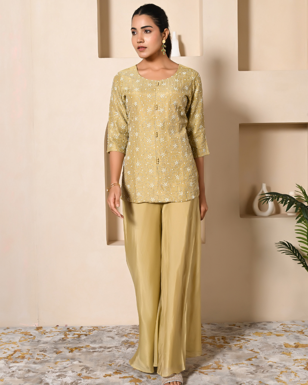 Pista Green Short Kurta Palazzo Set