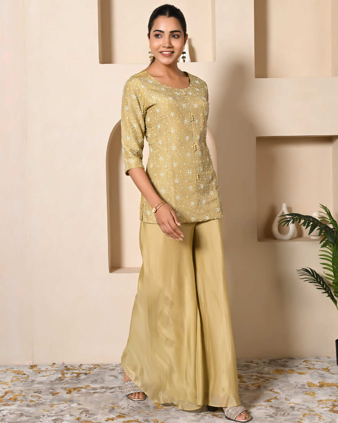 Pista Green Short Kurta Palazzo Set