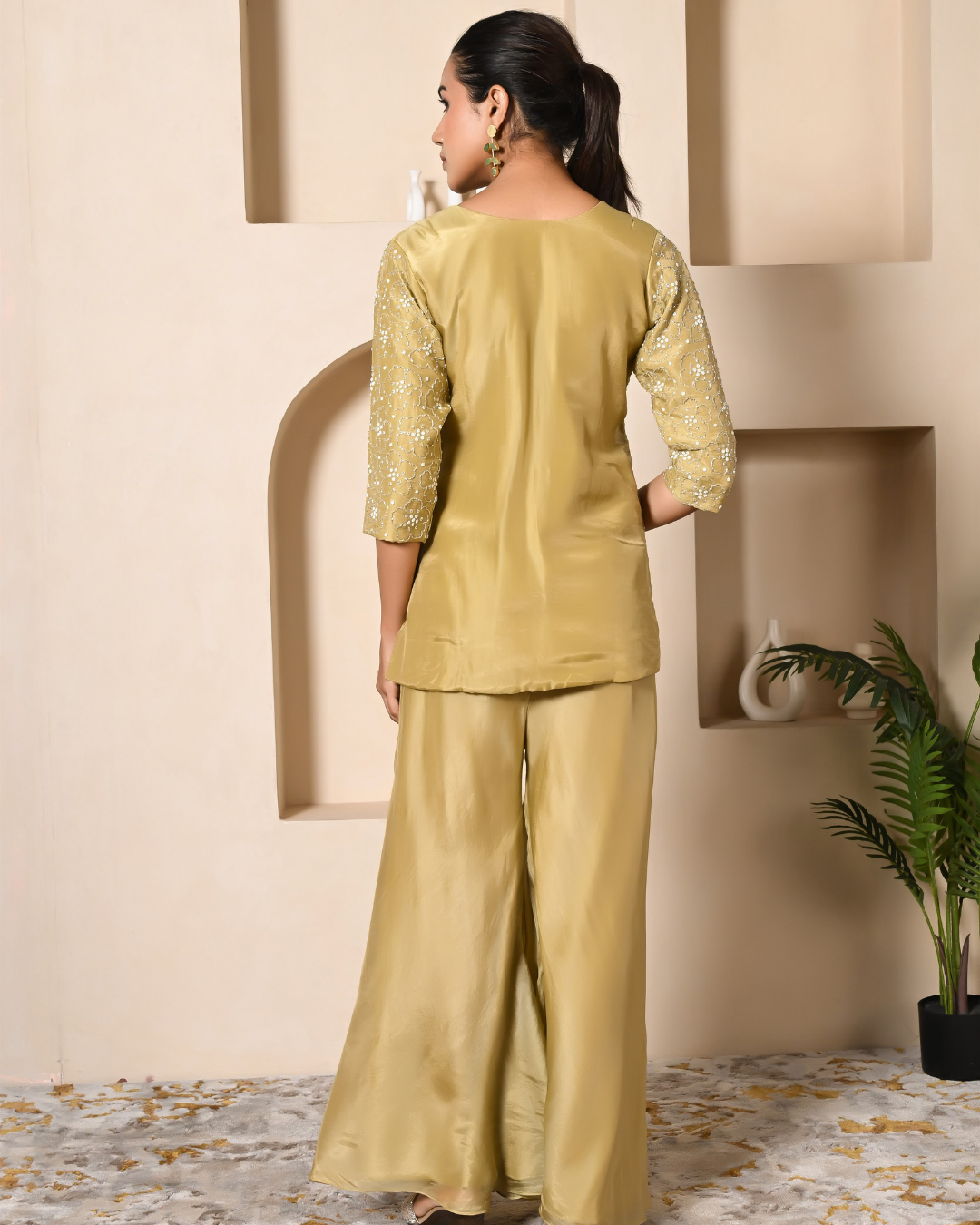 Pista Green Short Kurta Palazzo Set