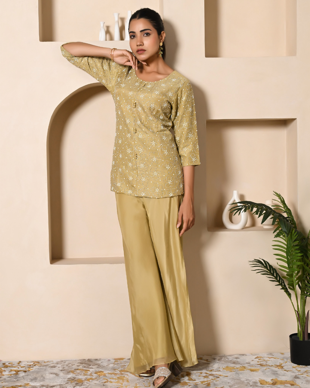 Pista Green Short Kurta Palazzo Set