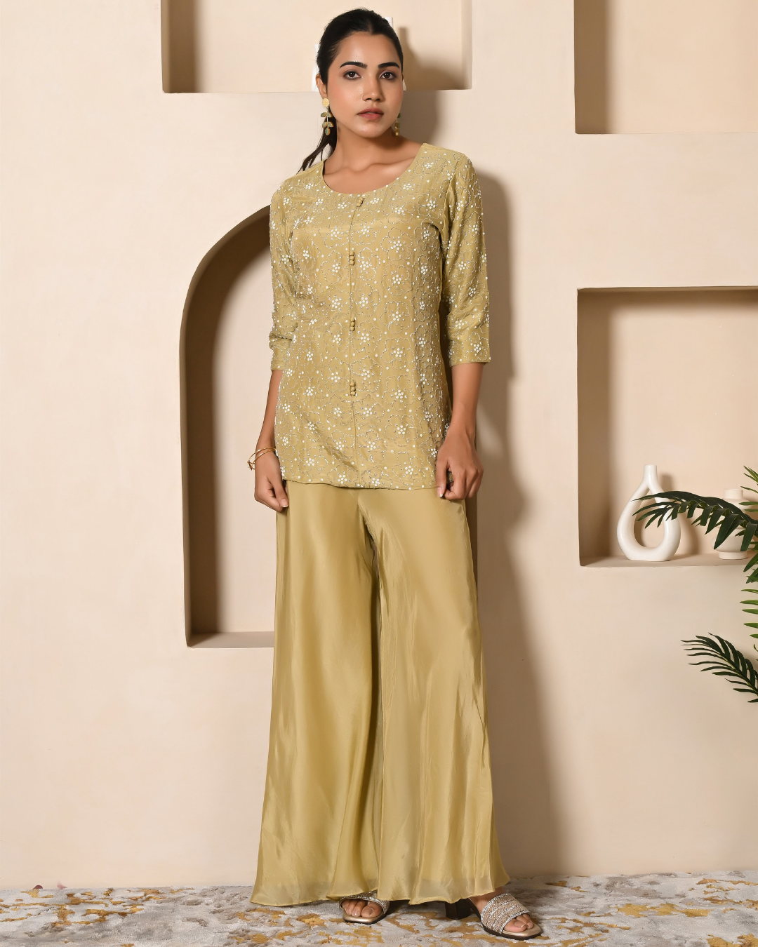 Pista Green Short Kurta Palazzo Set