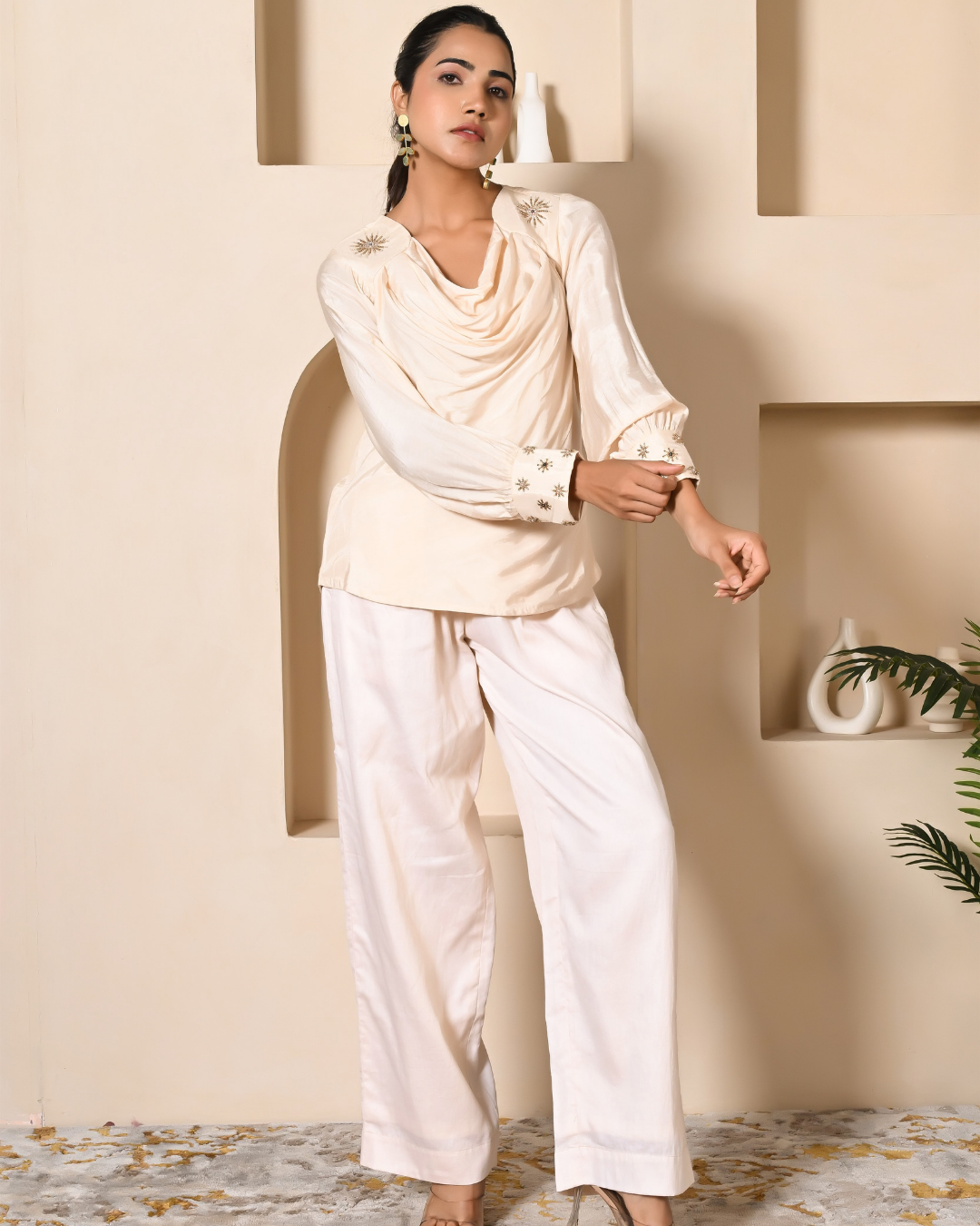 Cowl Neck Silk Tunic Pants Set