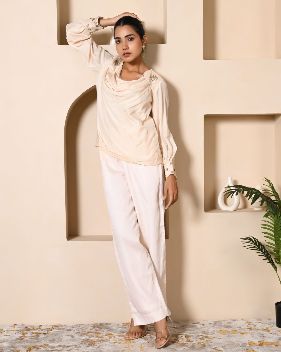 Cowl Neck Silk Tunic Pants Set