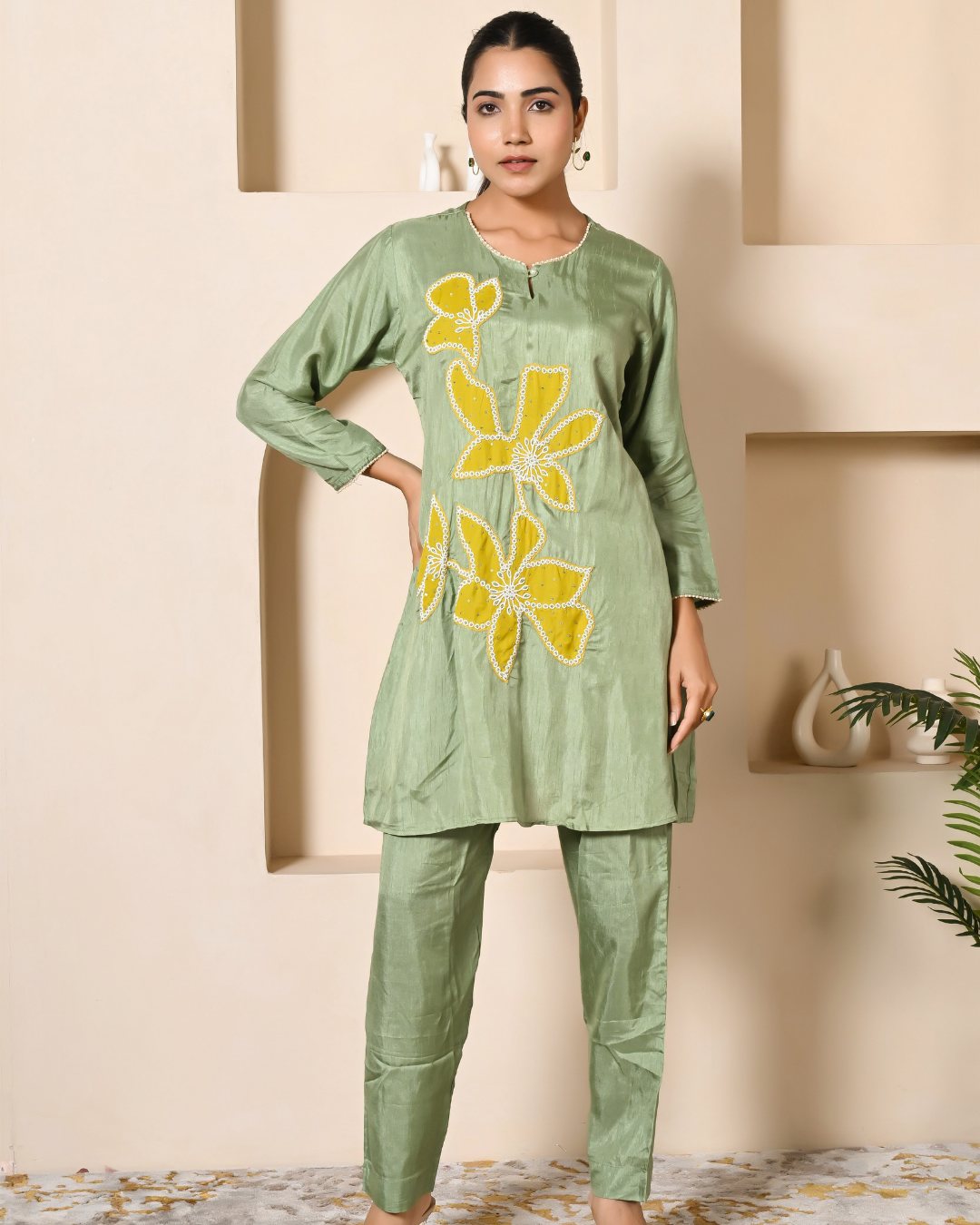 Vibrant Green Patch Work Kurta Pants Set