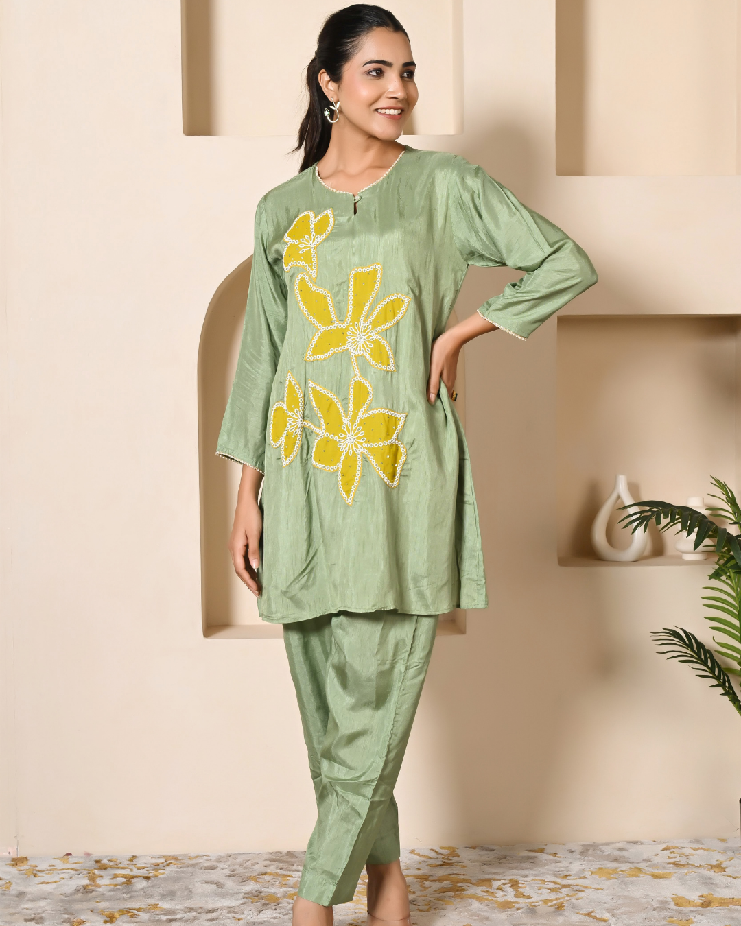 Vibrant Green Patch Work Kurta Pants Set