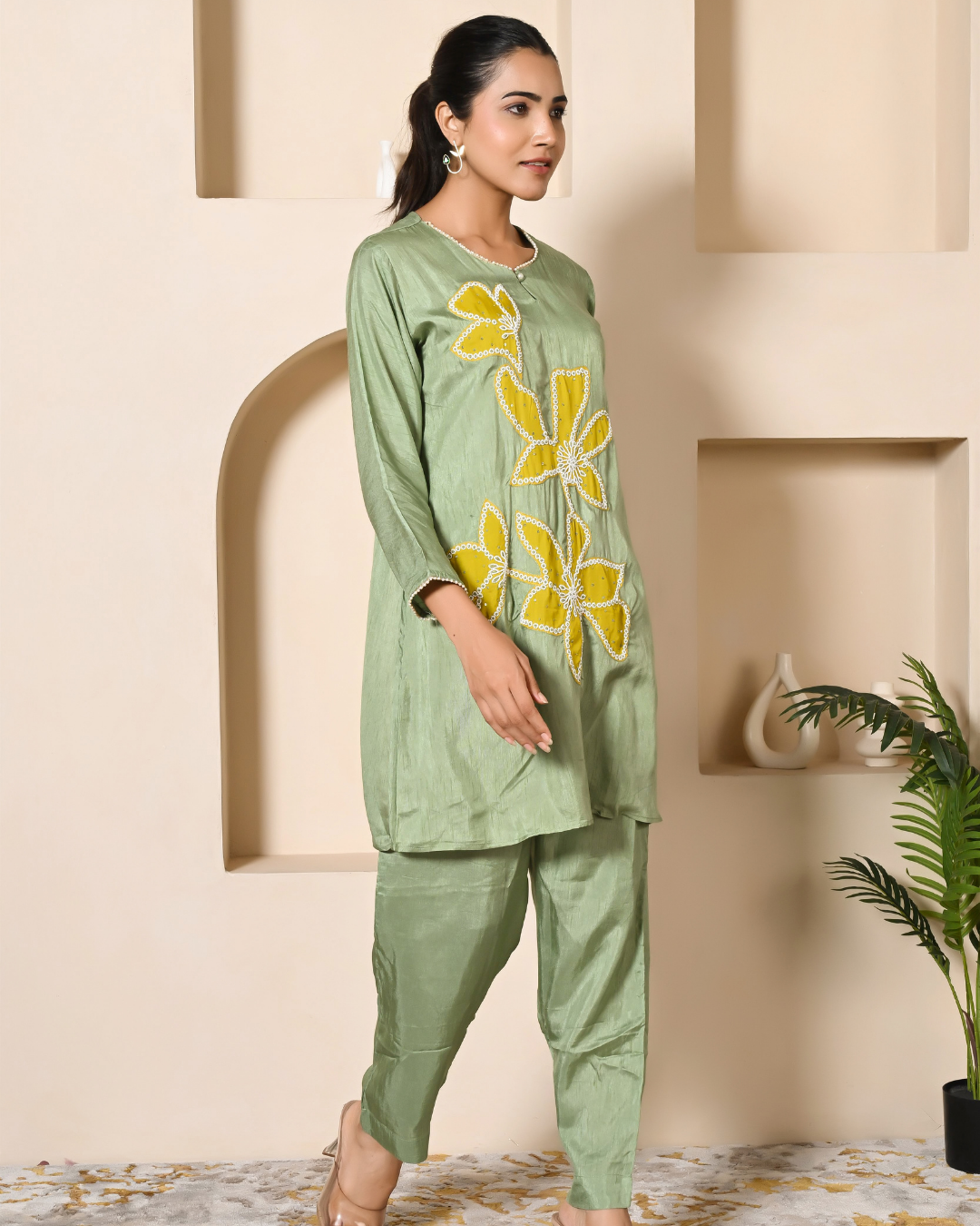 Vibrant Green Patch Work Kurta Pants Set