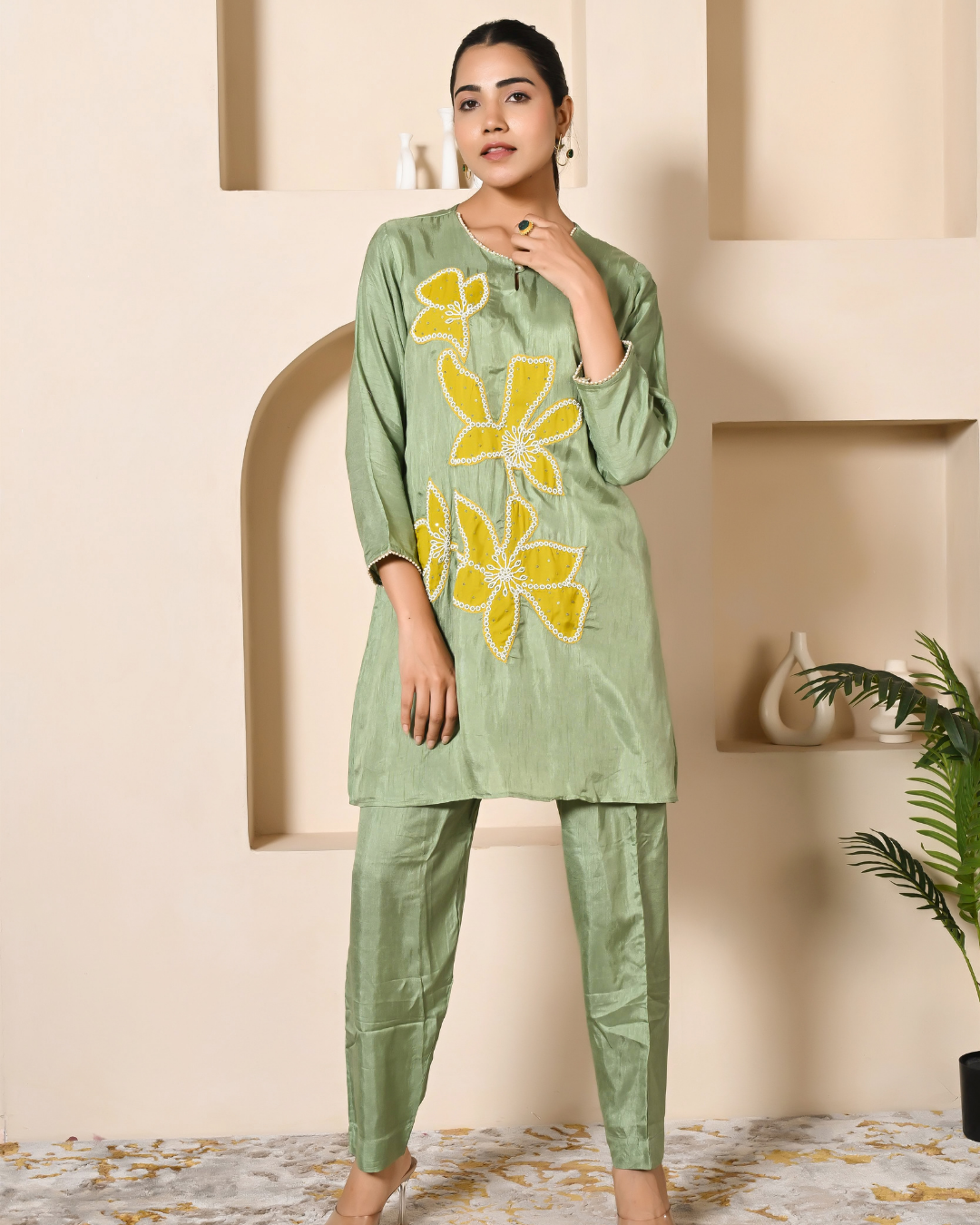 Vibrant Green Patch Work Kurta Pants Set