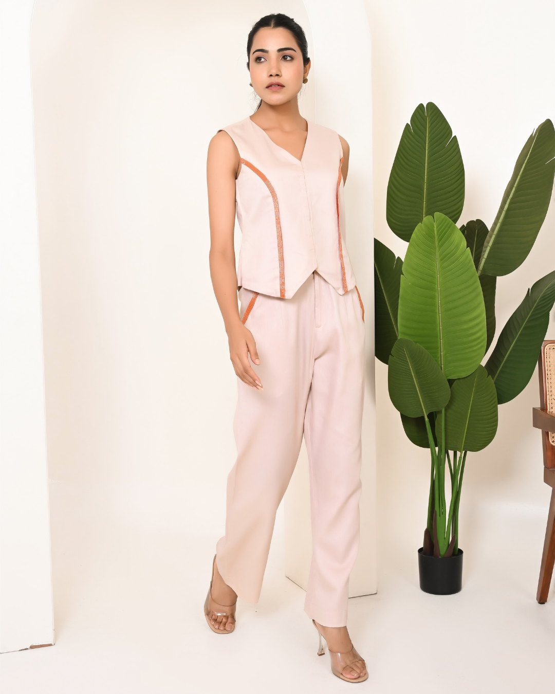 Solid Cotton Vest And Wide Leg Pants Coord Set