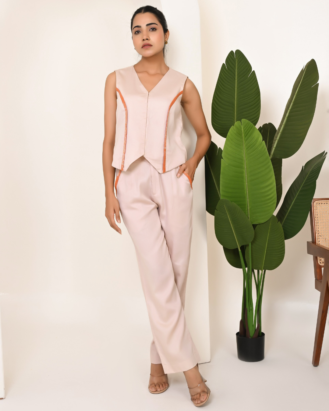 Solid Cotton Vest And Wide Leg Pants Coord Set