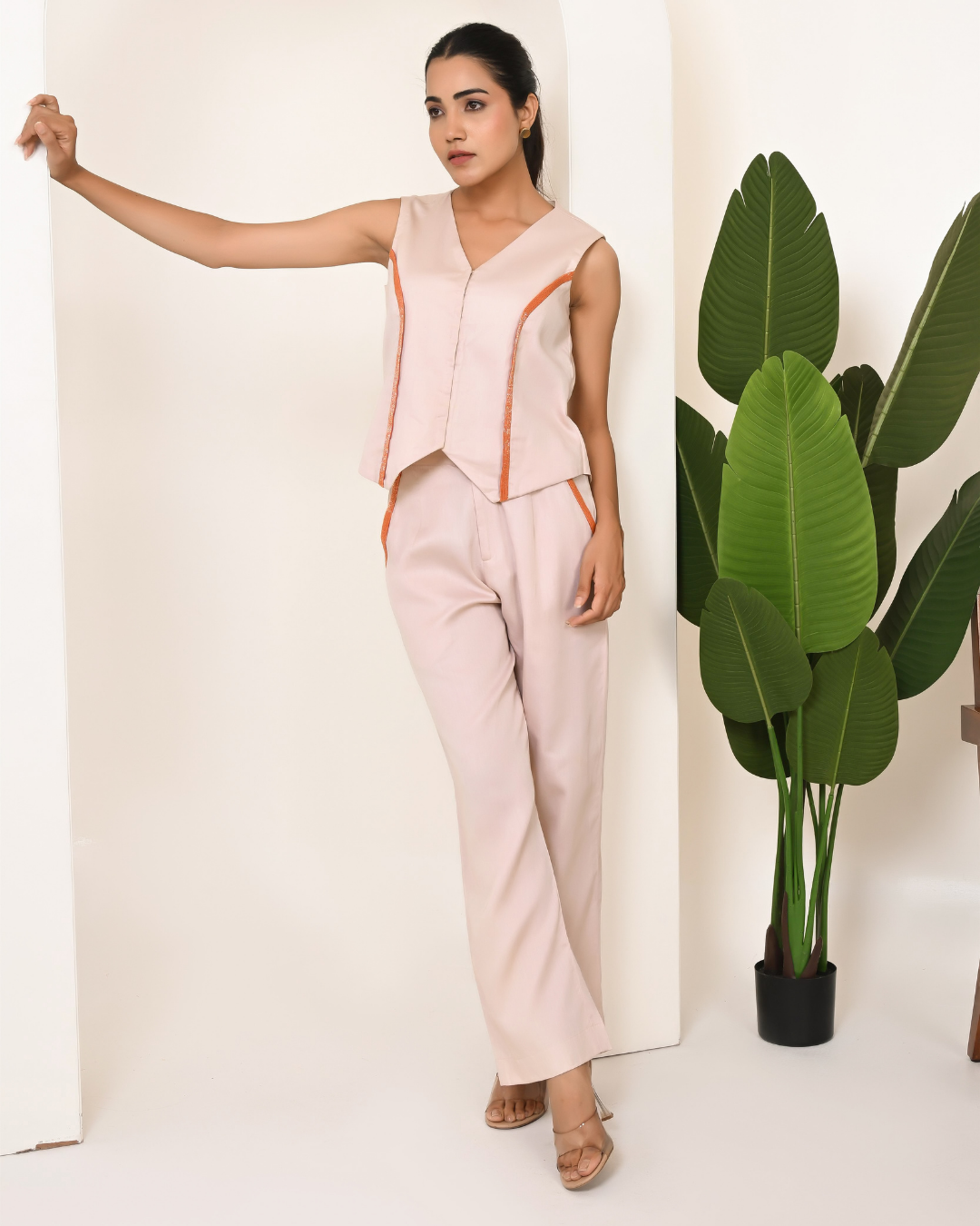 Solid Cotton Vest And Wide Leg Pants Coord Set