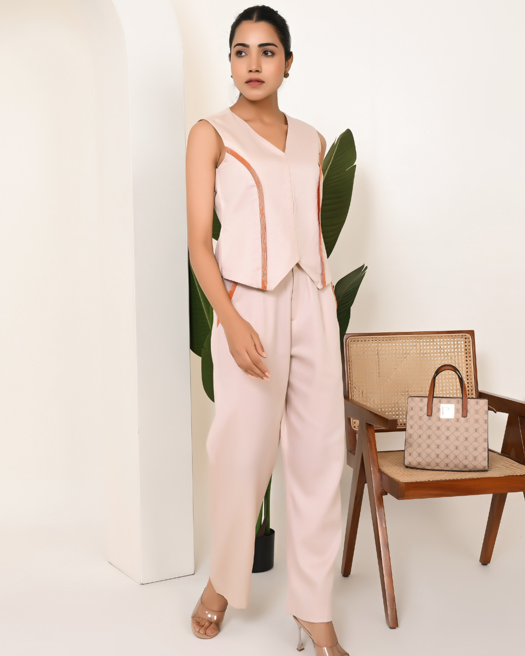 Solid Cotton Vest And Wide Leg Pants Coord Set