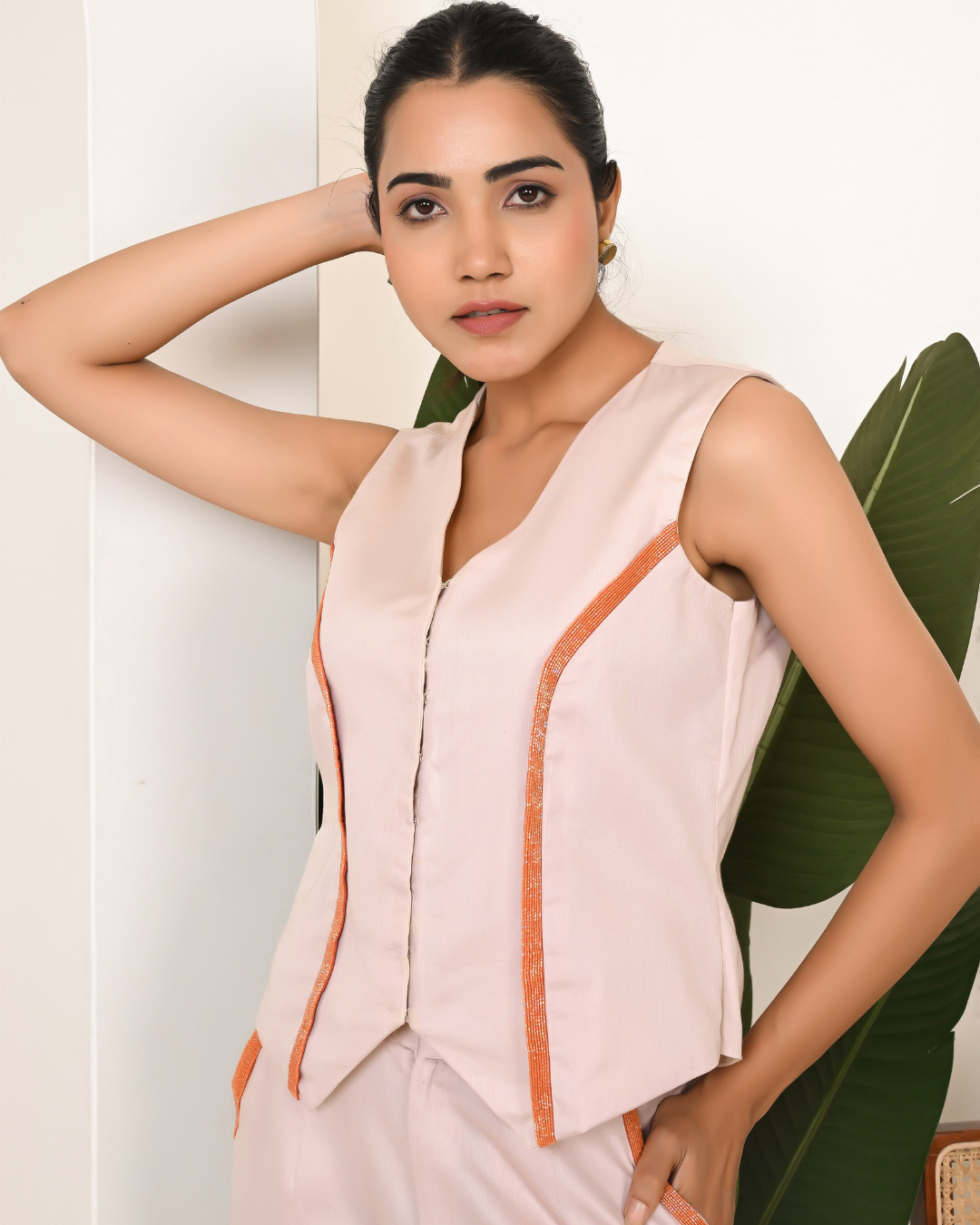 Solid Cotton Vest And Wide Leg Pants Coord Set
