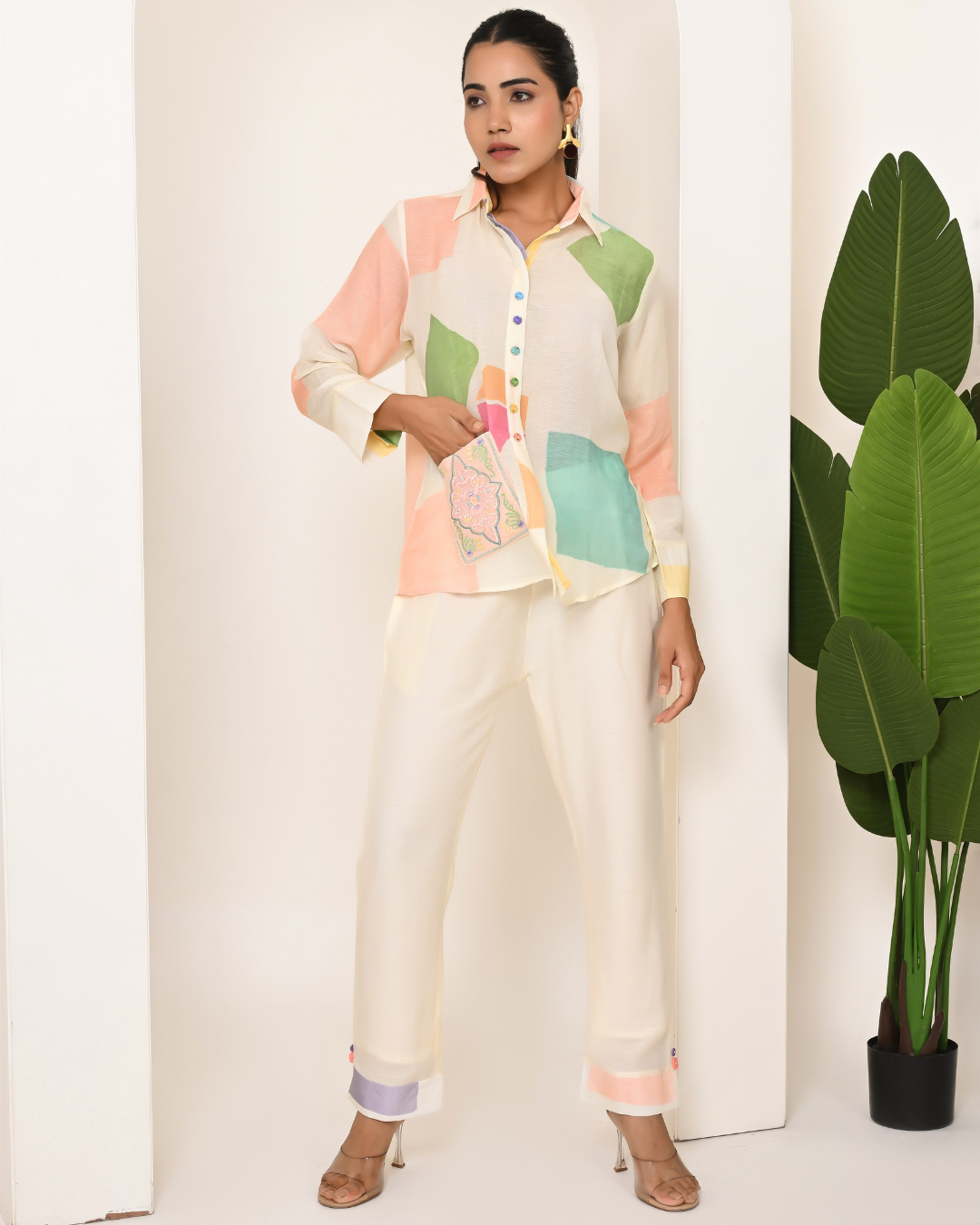 Creamy Buttoned Linnen Coord Set
