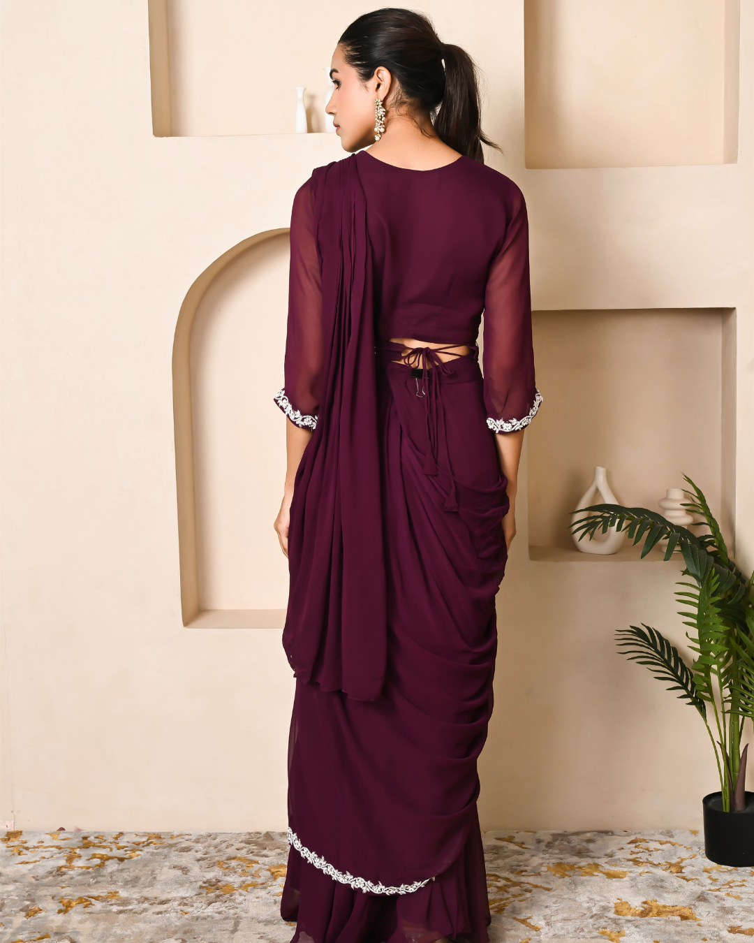 Wine Color Drape Saree