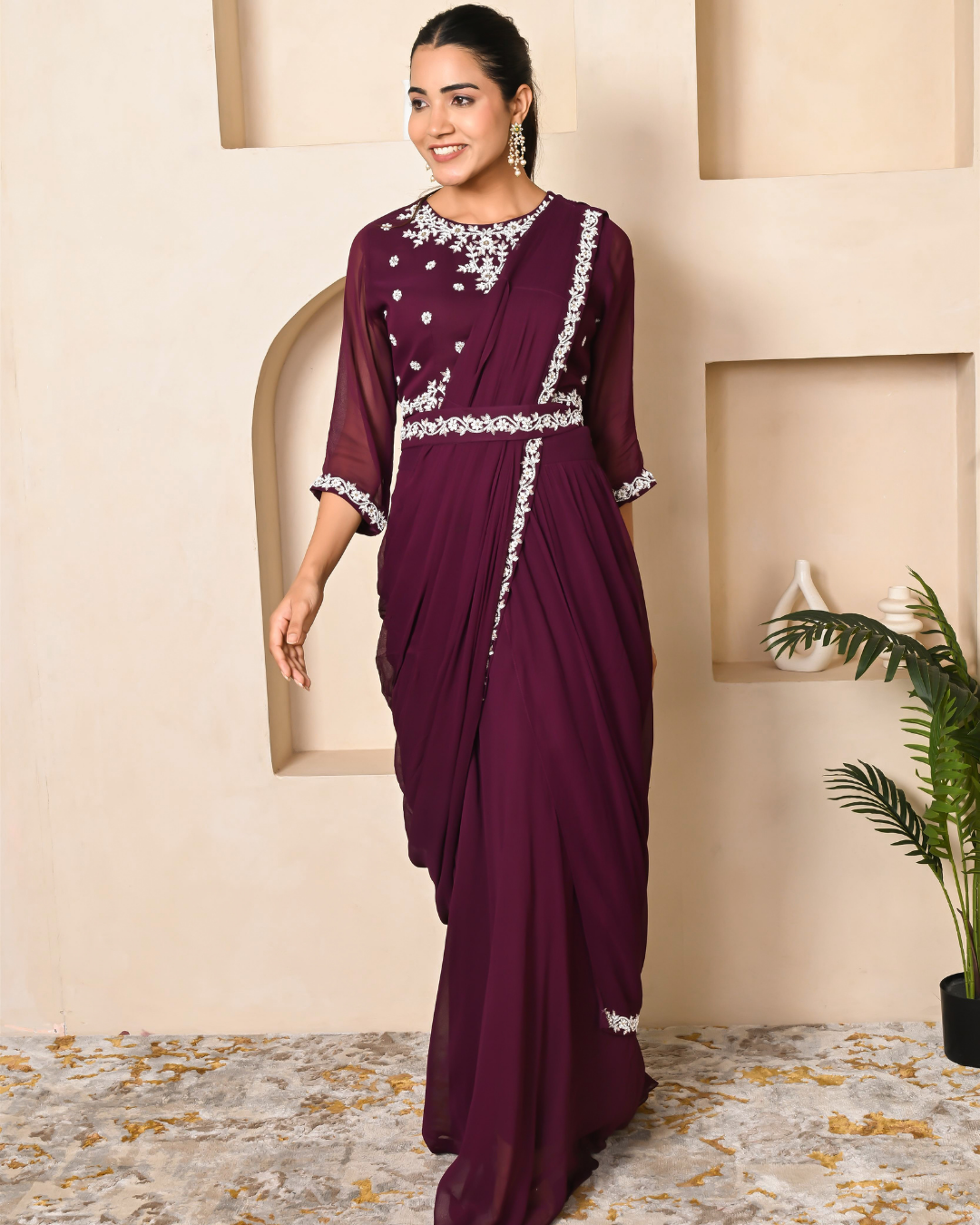 Wine Color Drape Saree