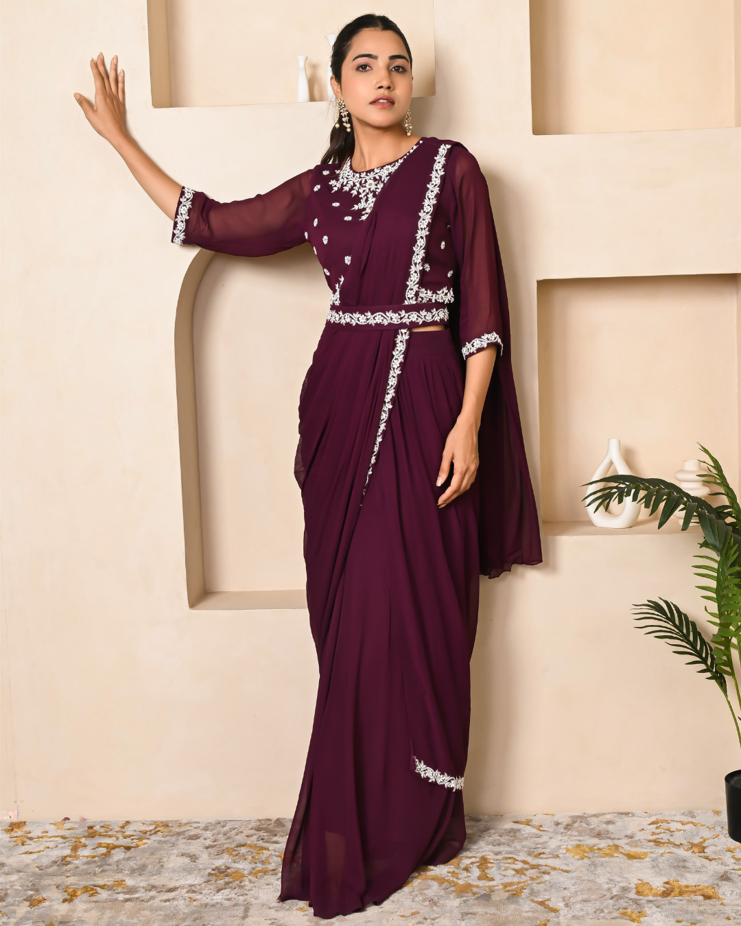 Wine Color Drape Saree