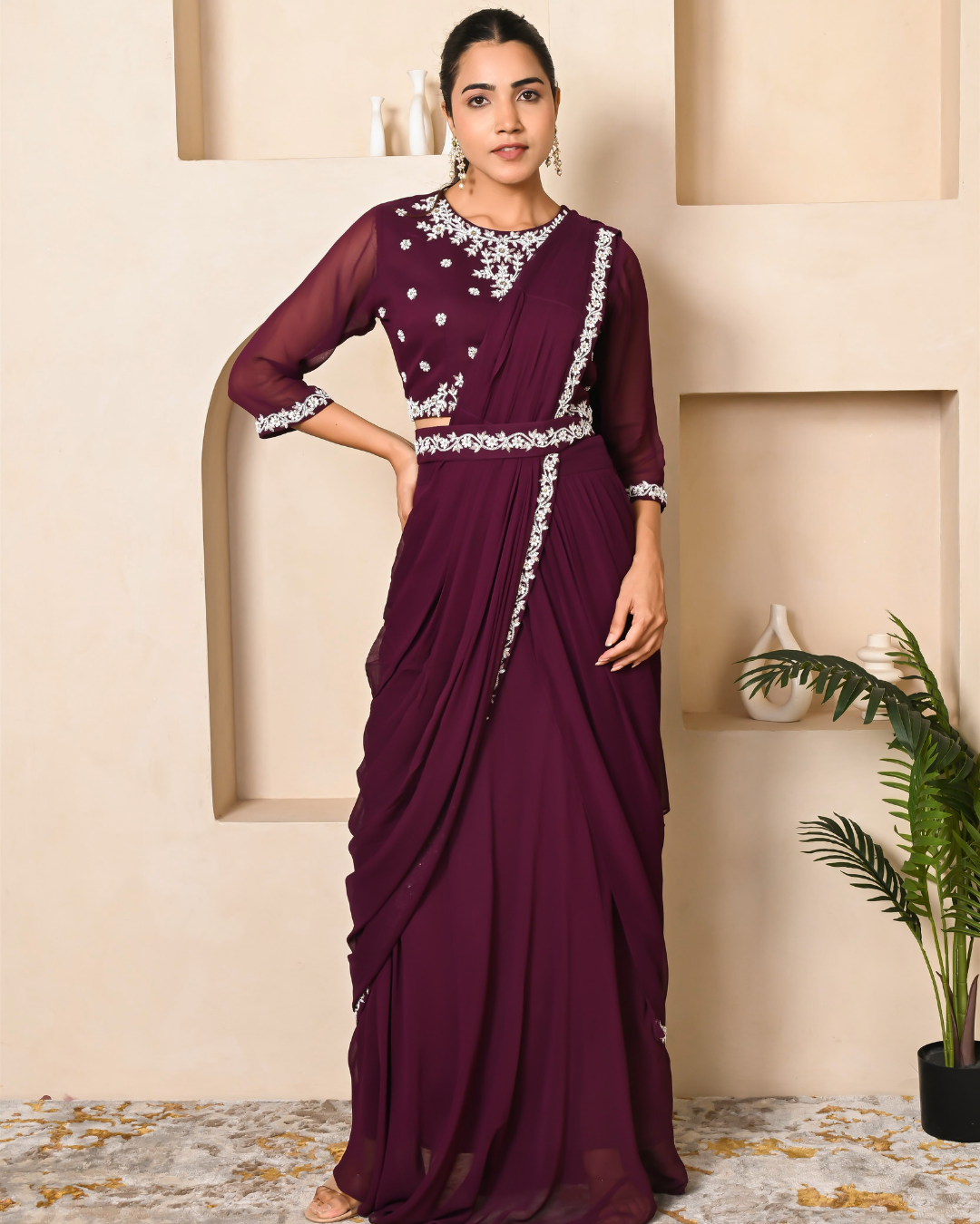 Wine Color Drape Saree