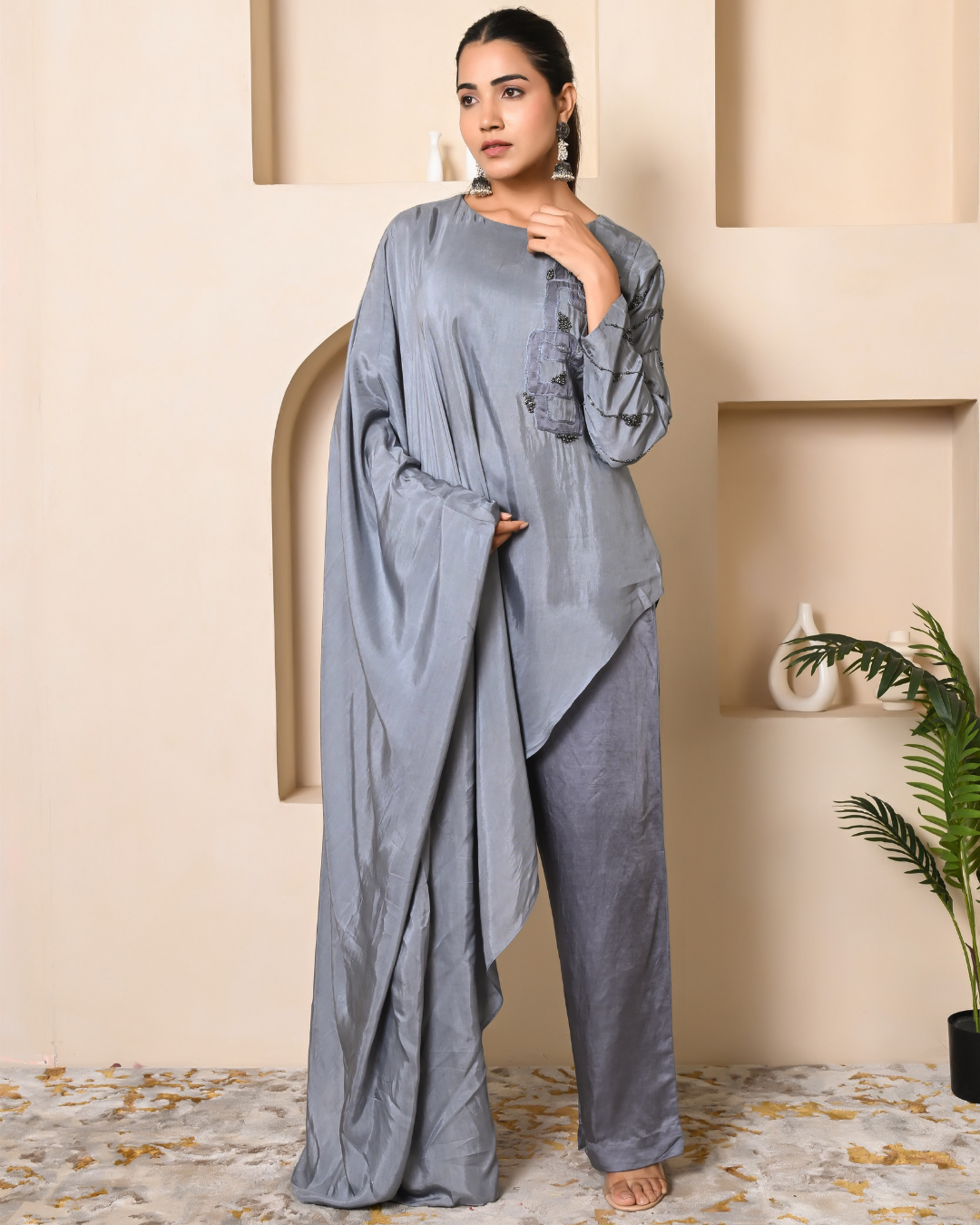 Charcol Grey One Shoulder Asymmetric Two Piece Set