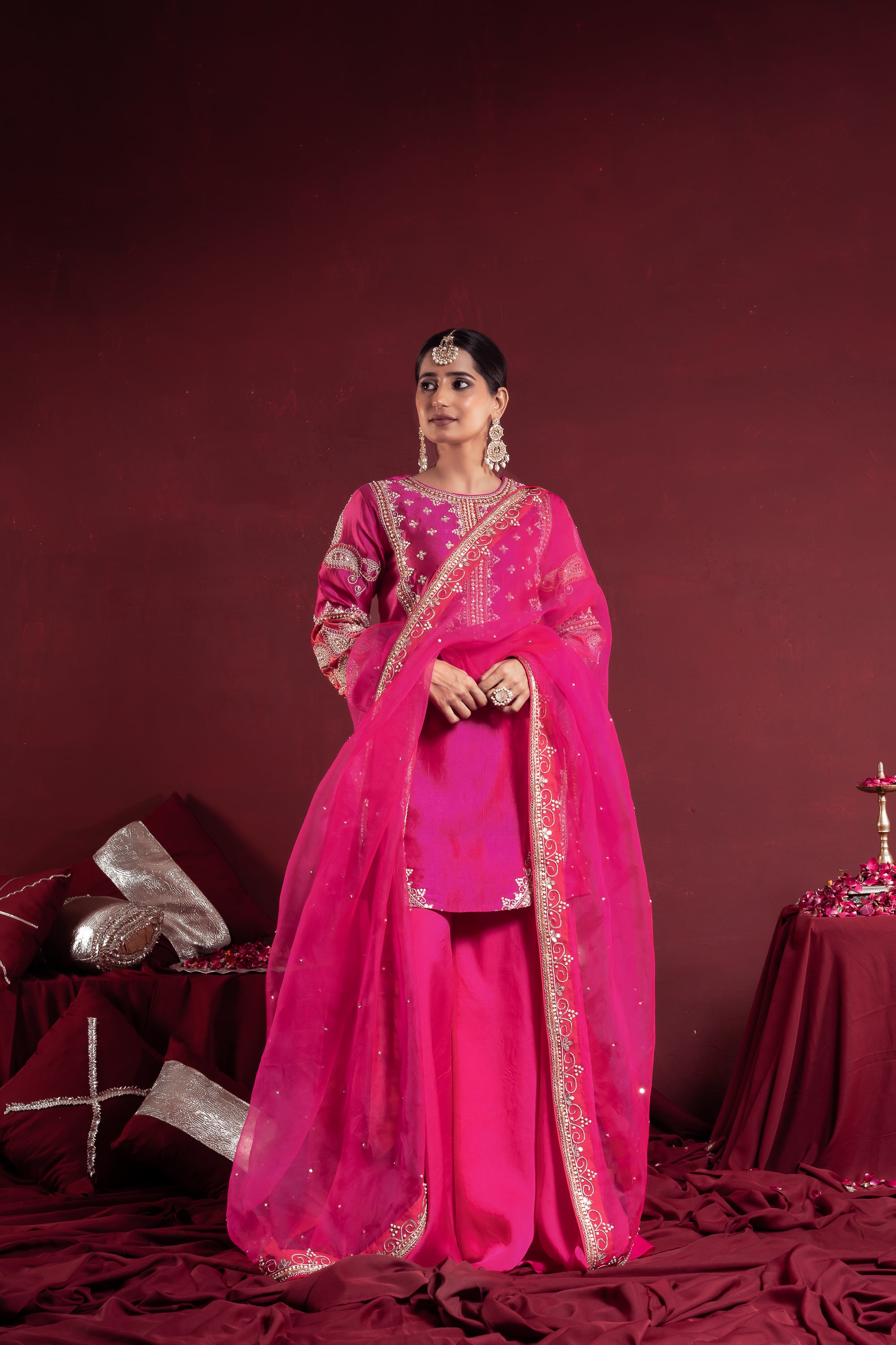 Magenta Pink Embroidered Sharara Suit Set