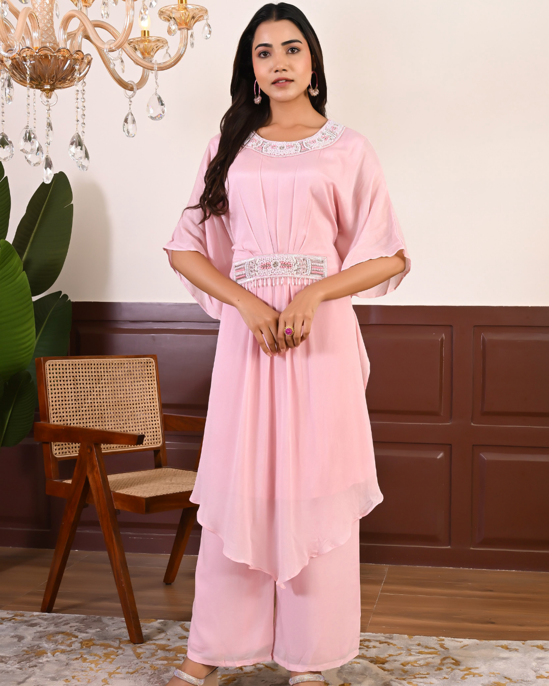 Baby Pink Up & Down Kaftan Set