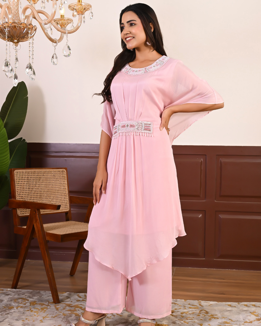 Baby Pink Up & Down Kaftan Set