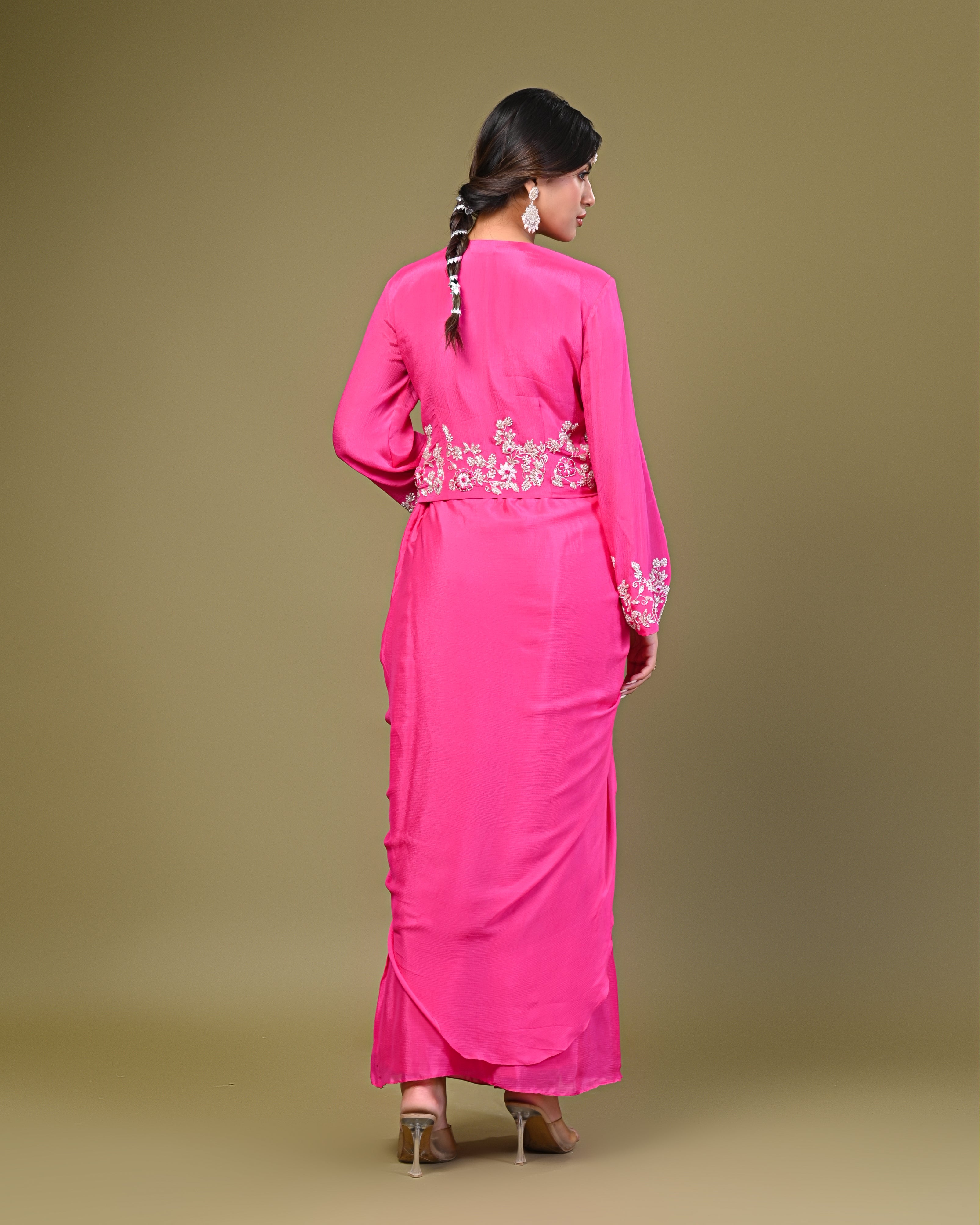 Hot Pink Embroidered Drape Skirt Set
