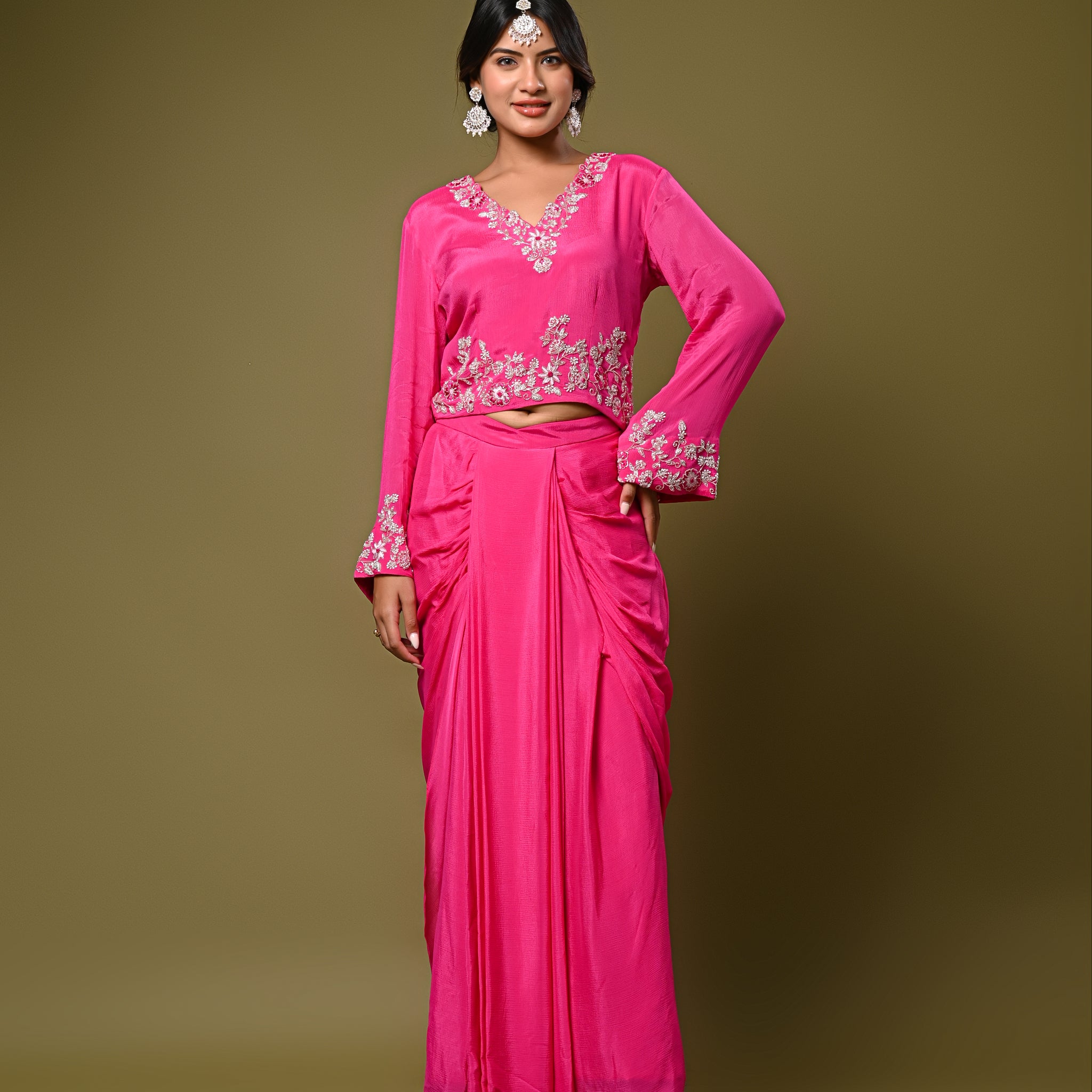 Hot Pink Embroidered Drape Skirt Set