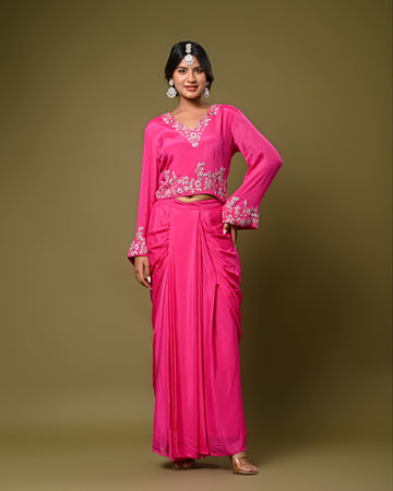 Hot Pink Embroidered Drape Skirt Set