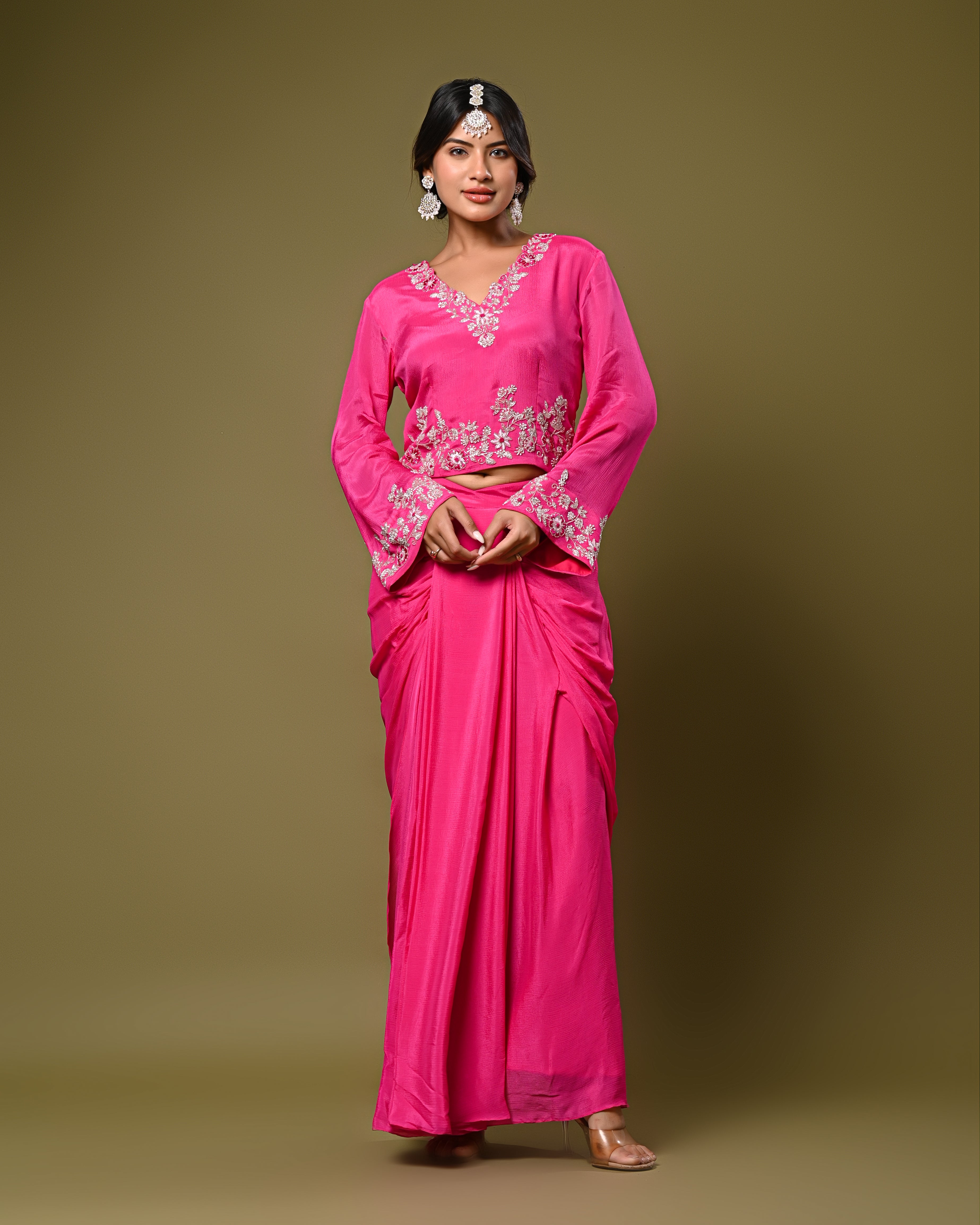 Hot Pink Embroidered Drape Skirt Set