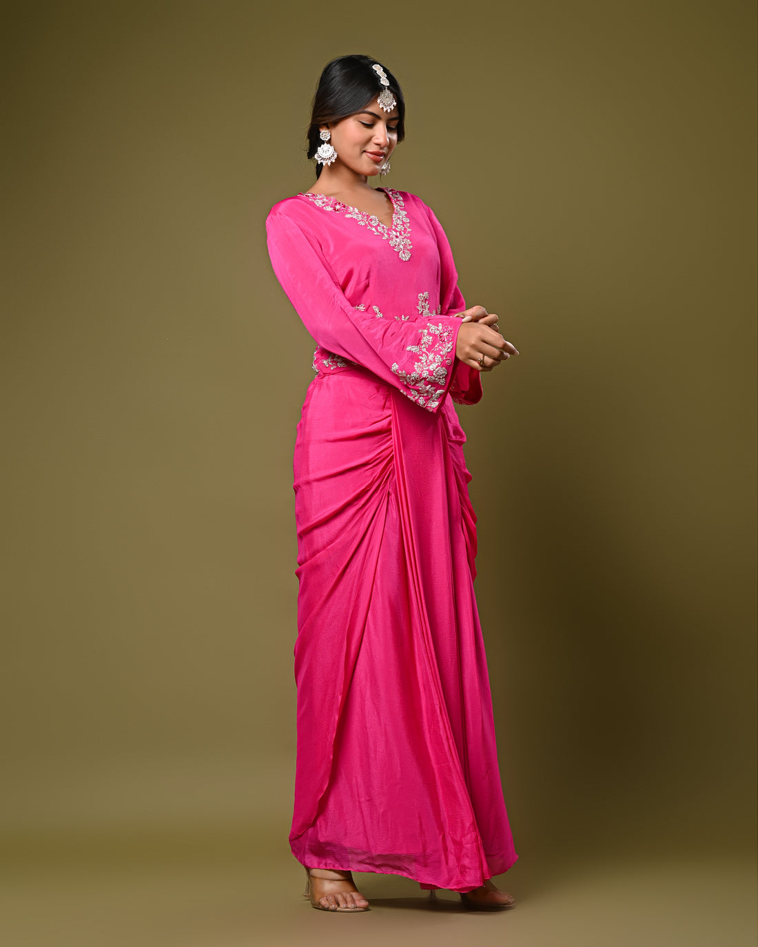 Hot Pink Embroidered Drape Skirt Set