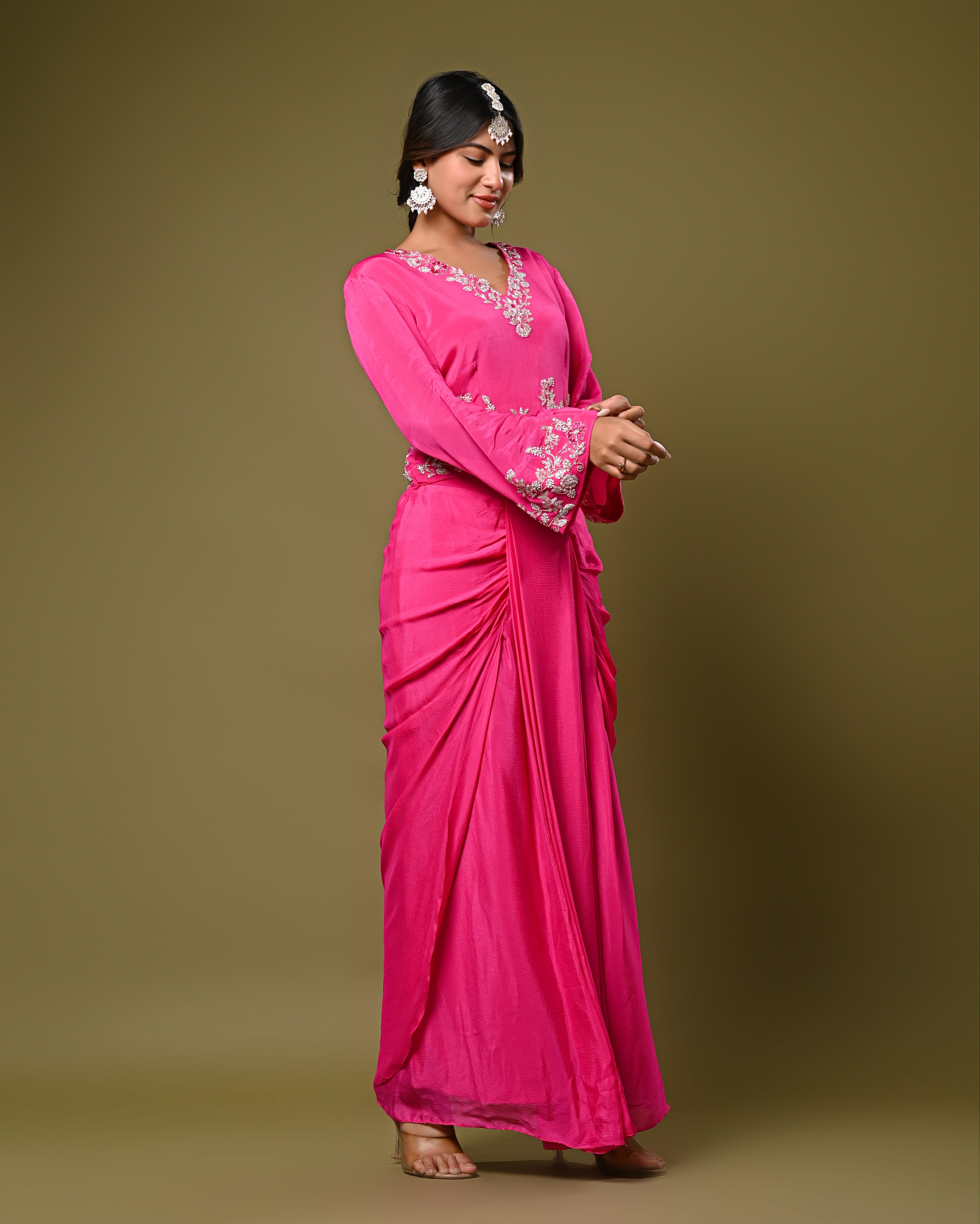 Hot Pink Embroidered Drape Skirt Set