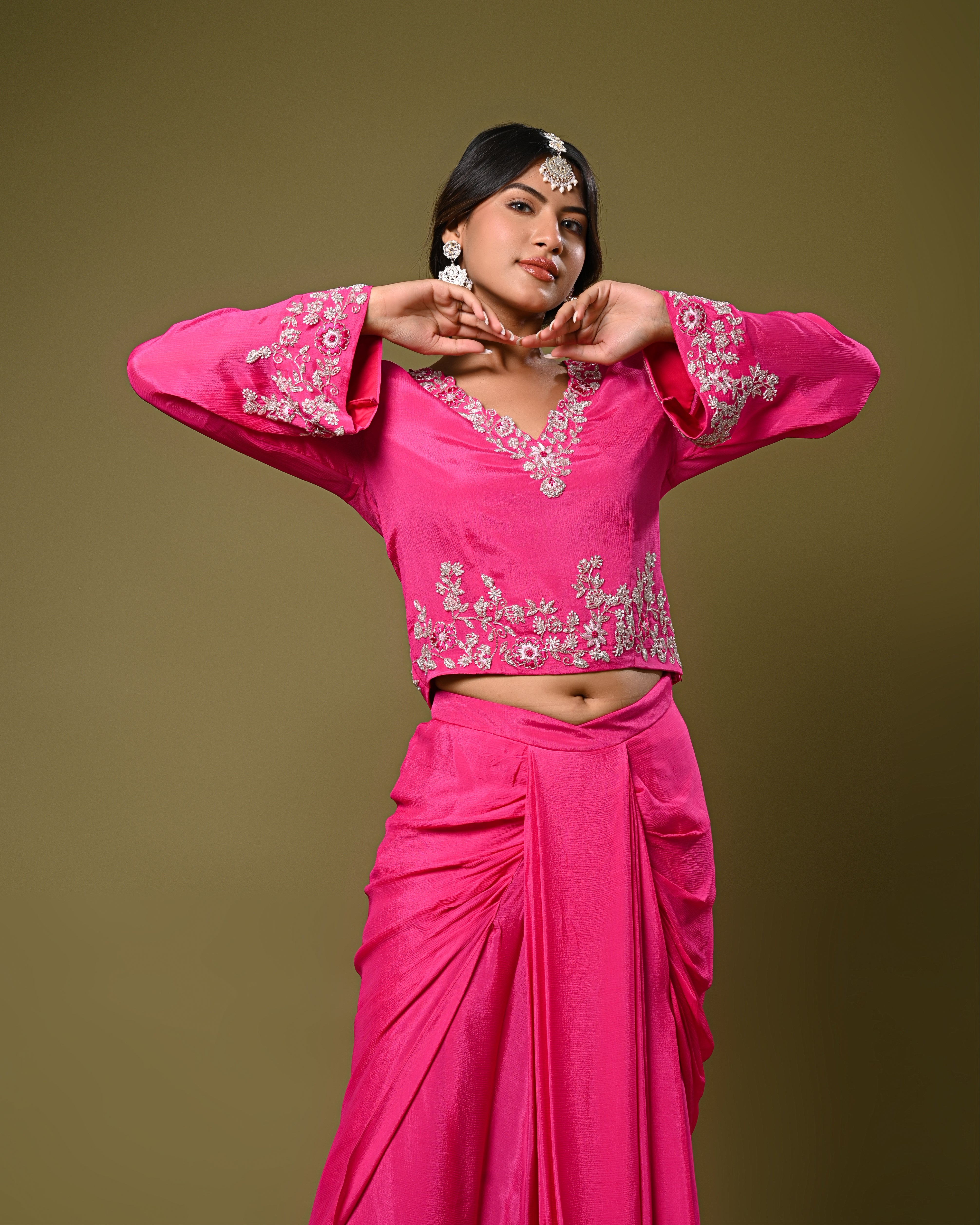 Hot Pink Embroidered Drape Skirt Set