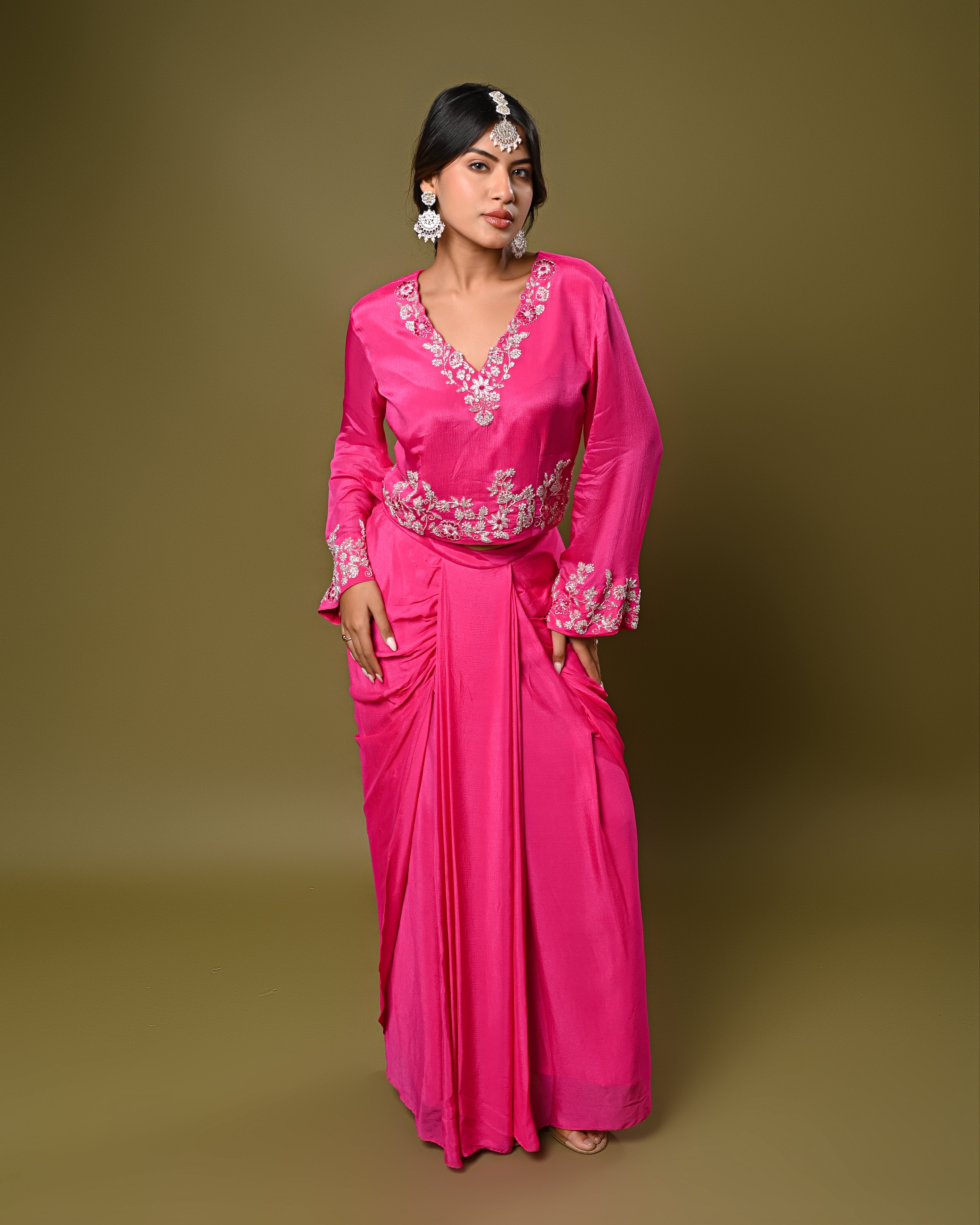 Hot Pink Embroidered Drape Skirt Set