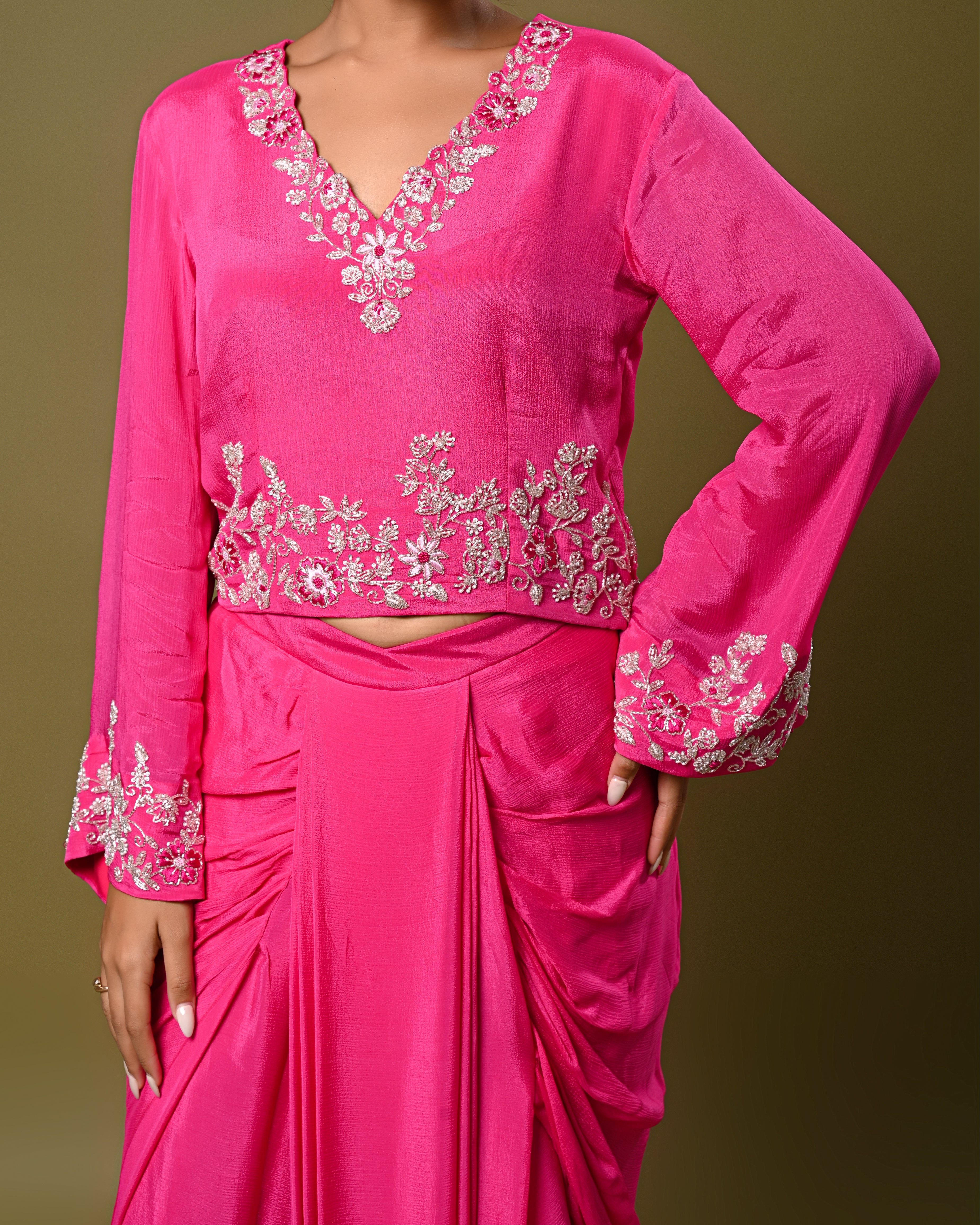 Hot Pink Embroidered Drape Skirt Set