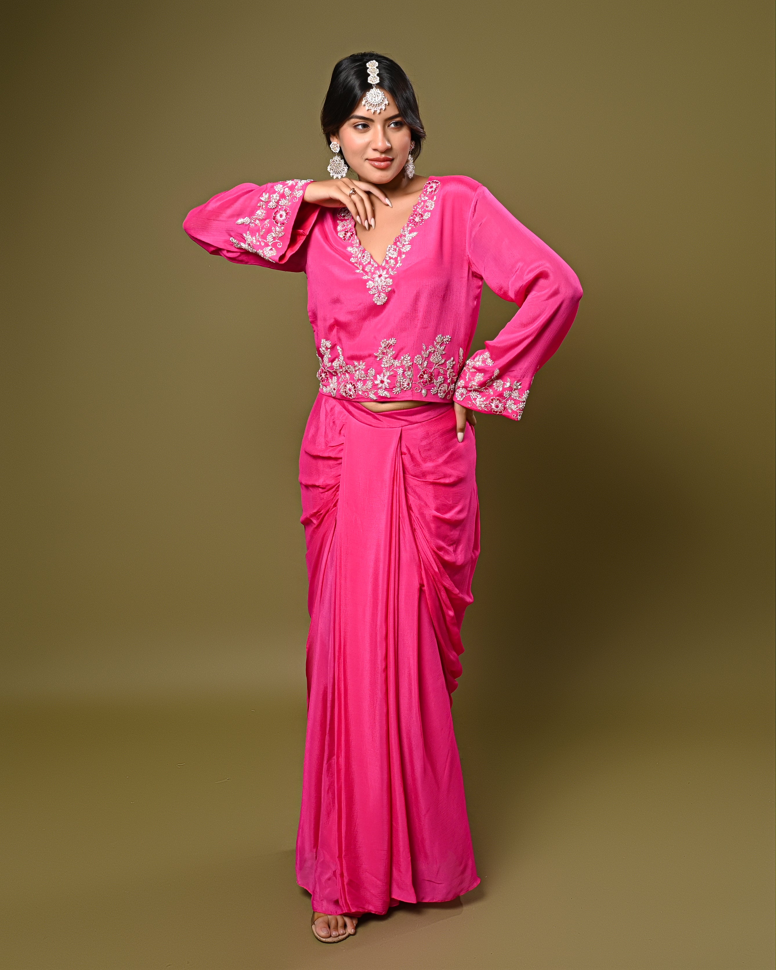 Hot Pink Embroidered Drape Skirt Set