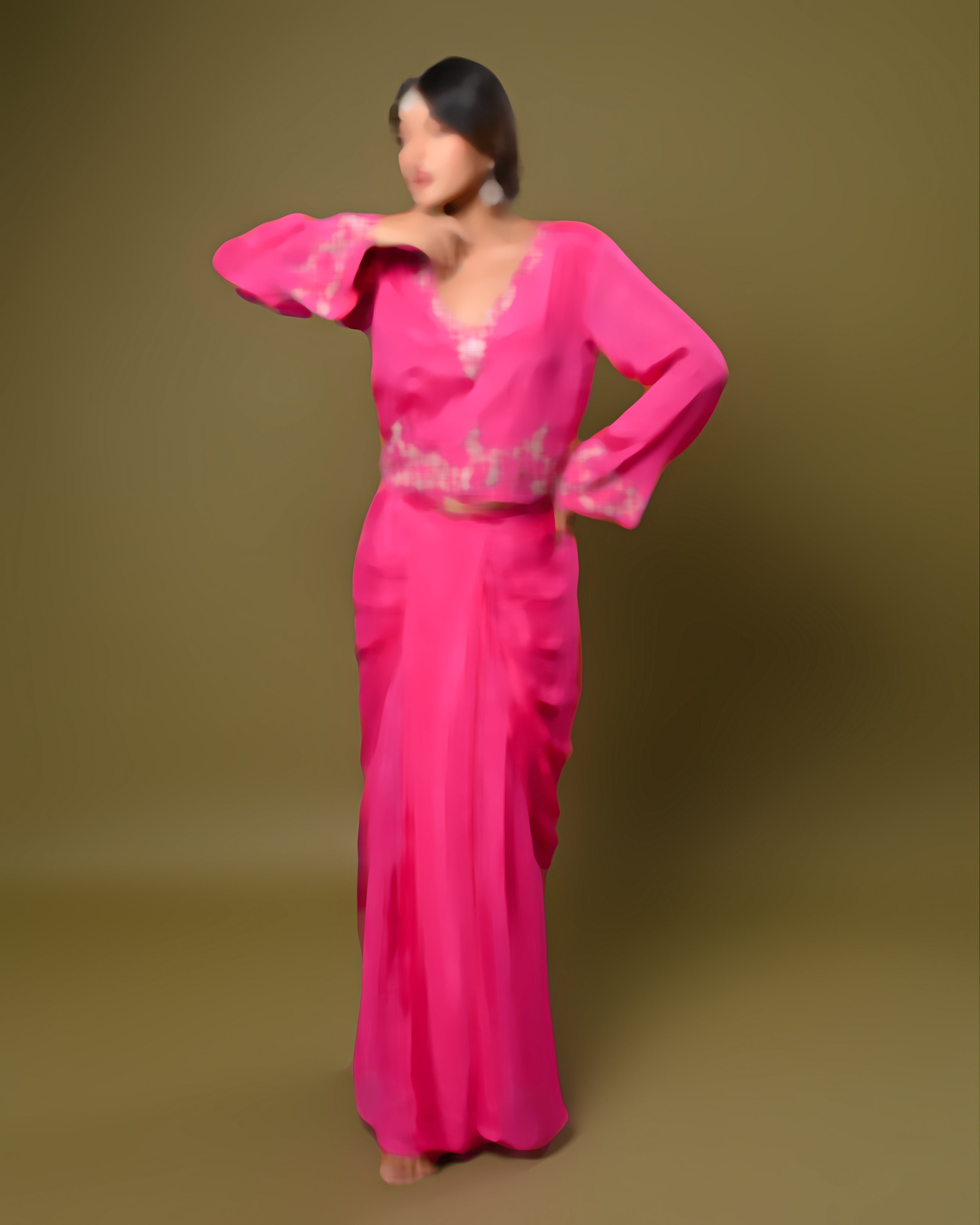 Hot Pink Embroidered Drape Skirt Set