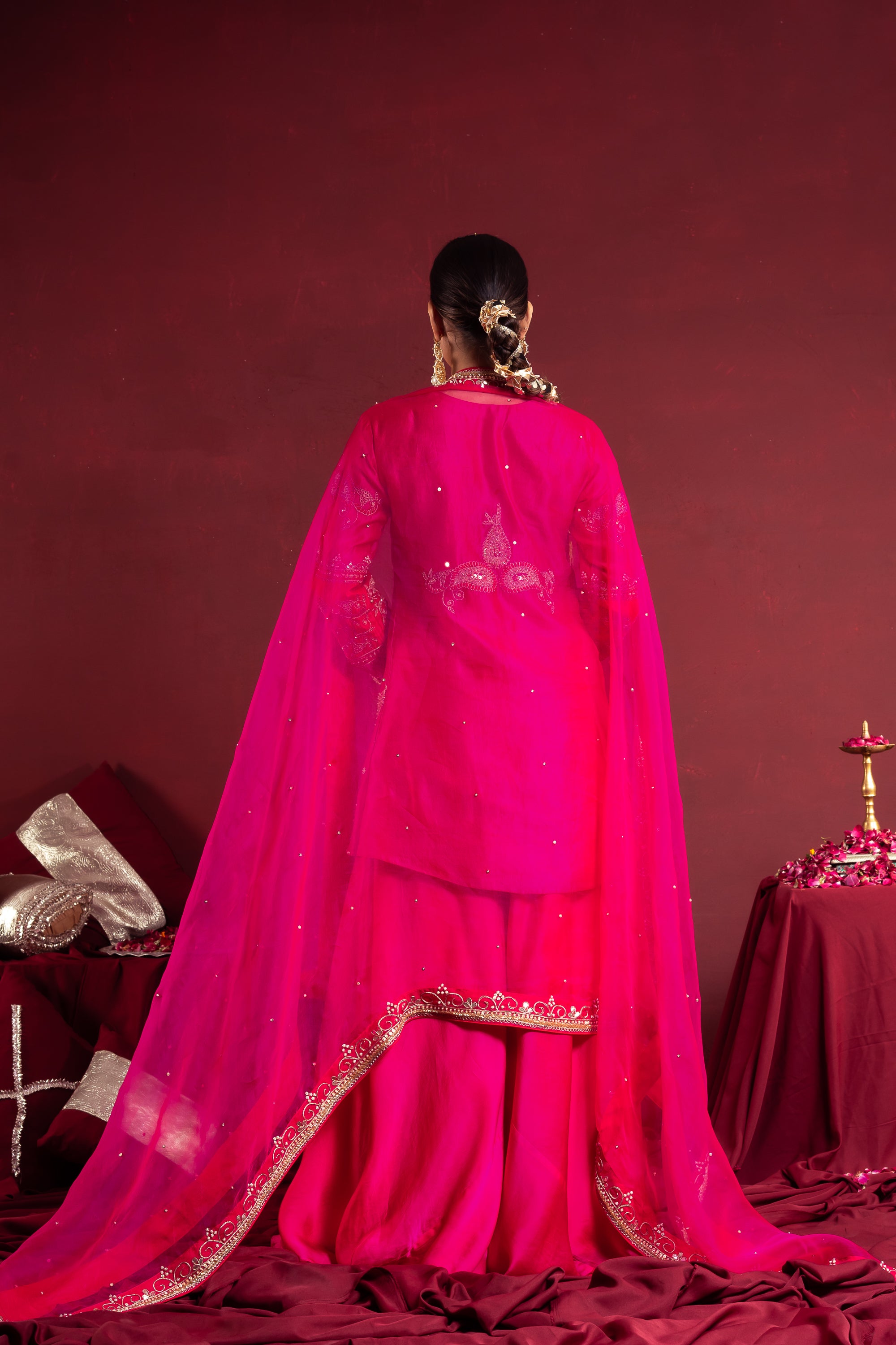Magenta Pink Embroidered Sharara Suit Set