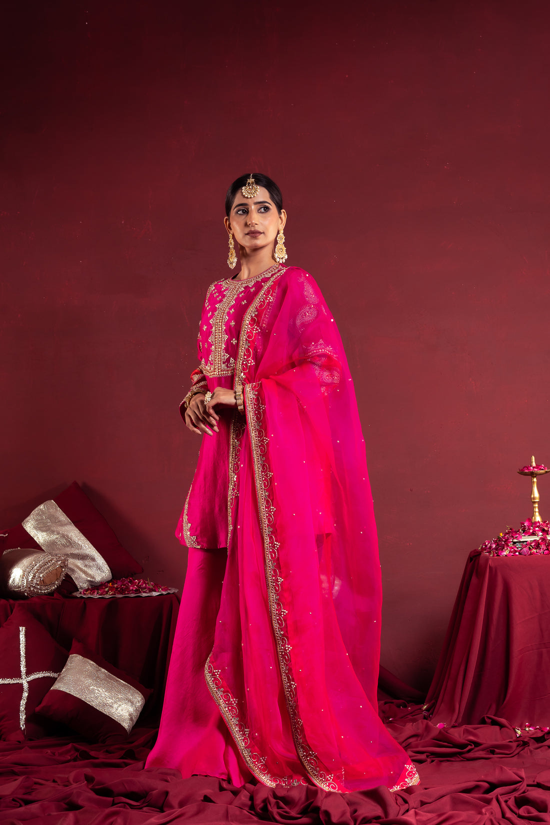 Magenta Pink Embroidered Sharara Suit Set