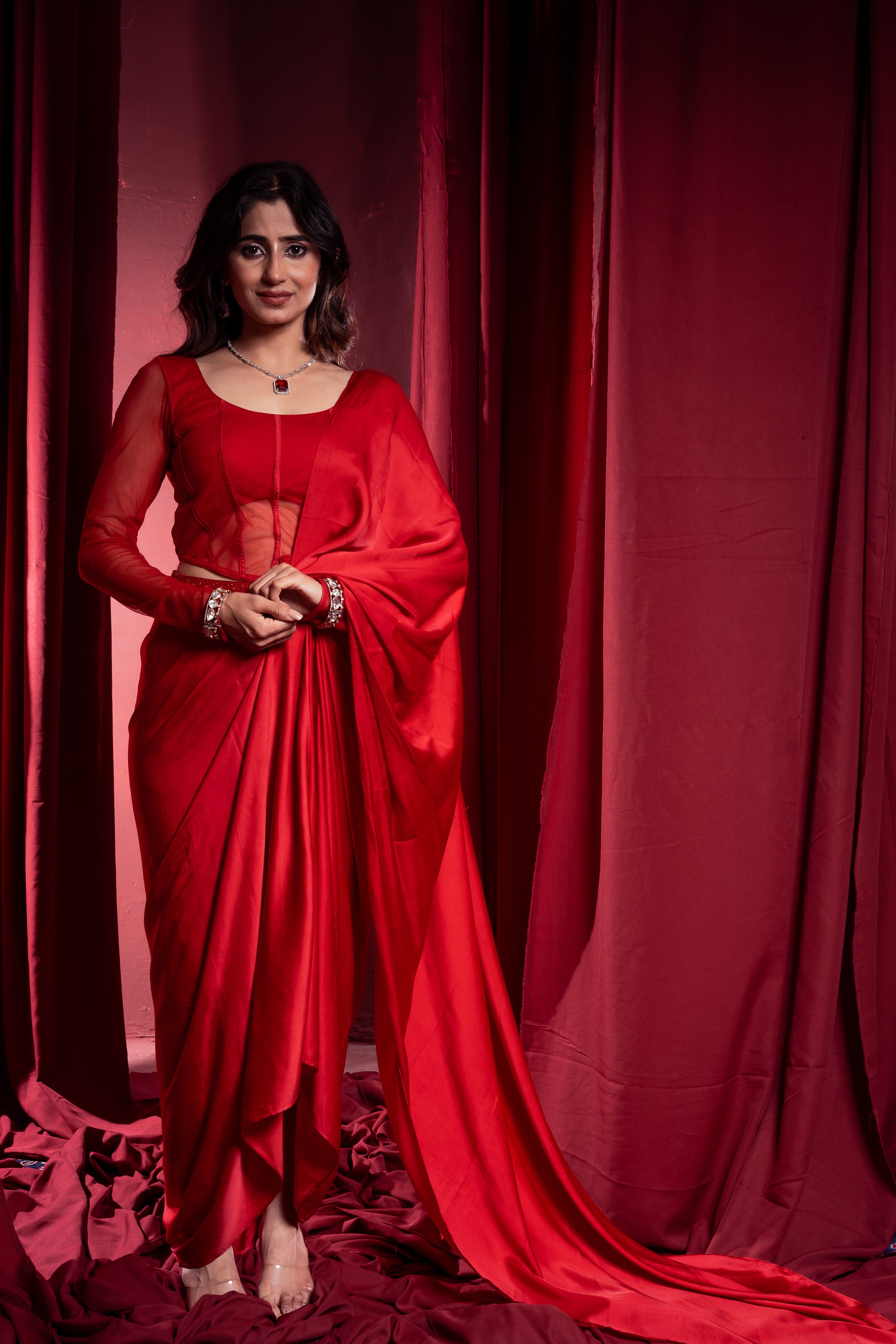 Crimson Red Draped Saree with full sleeves Blouse